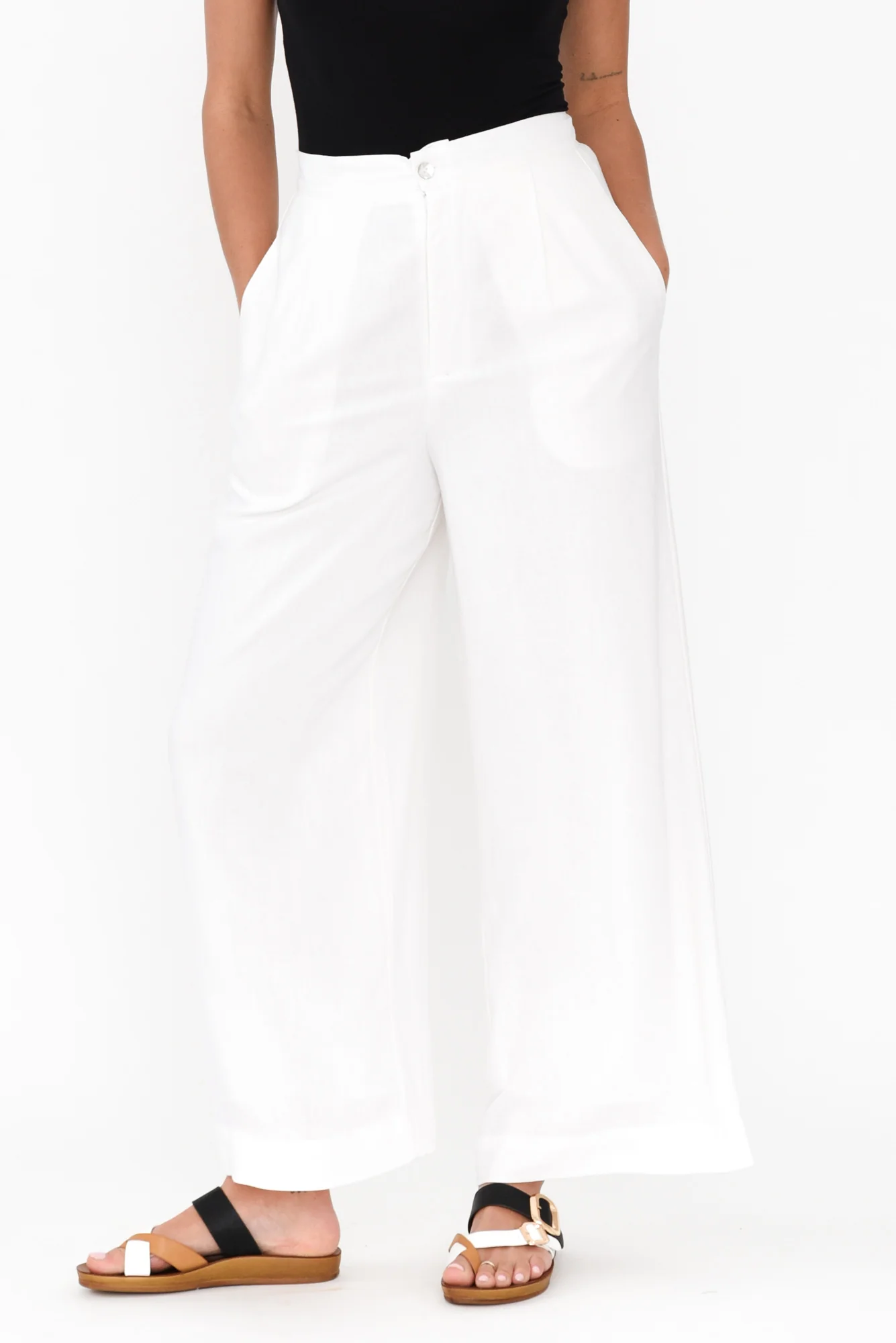 Aspen White Linen Blend Wide Leg Pants
