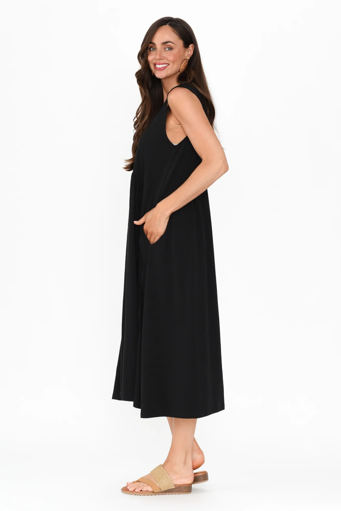 Tarah Black Cotton Stretch V Neck Dress