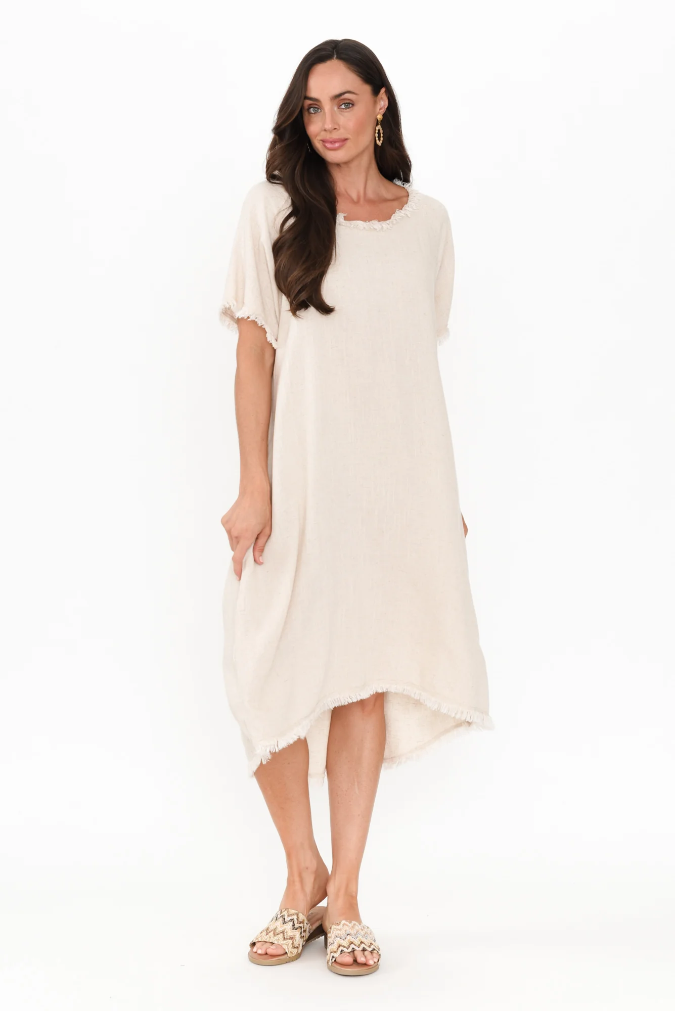 Humphrey Beige Cotton Linen Frayed Dress