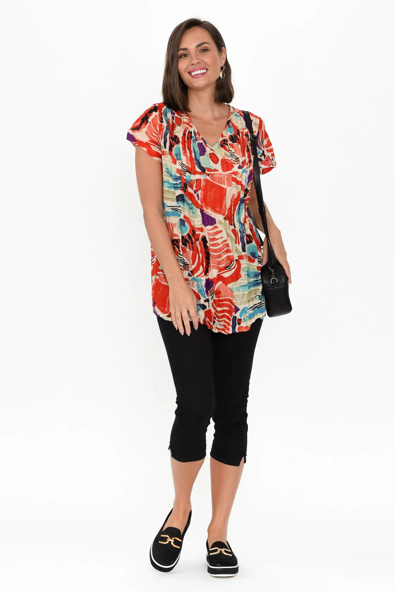 Fia Red Mosaic Crinkle Cotton Top