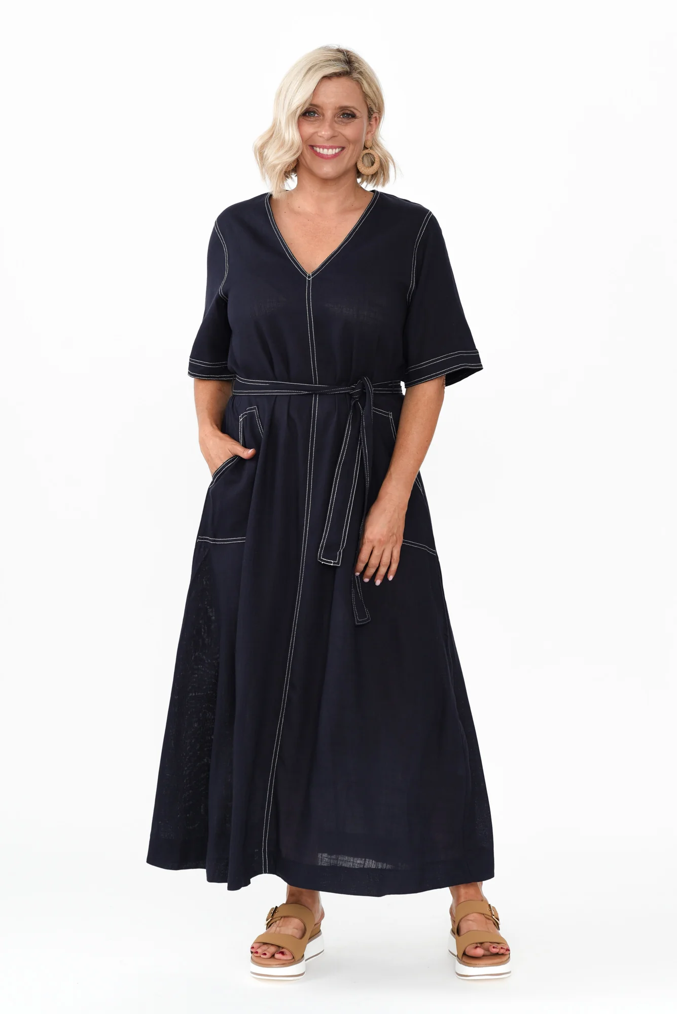 Navarra Navy Contrast Linen Blend Dress