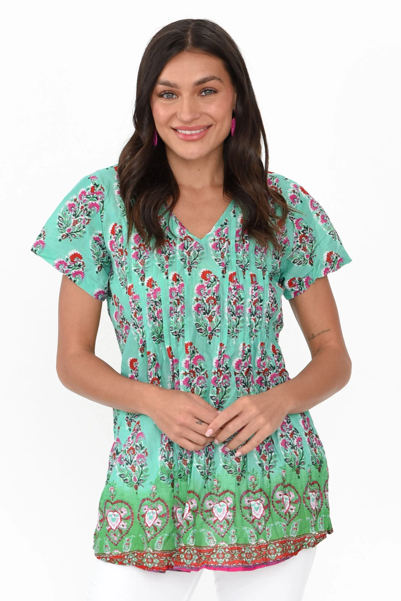 Fia Aqua Botanical Crinkle Cotton Top