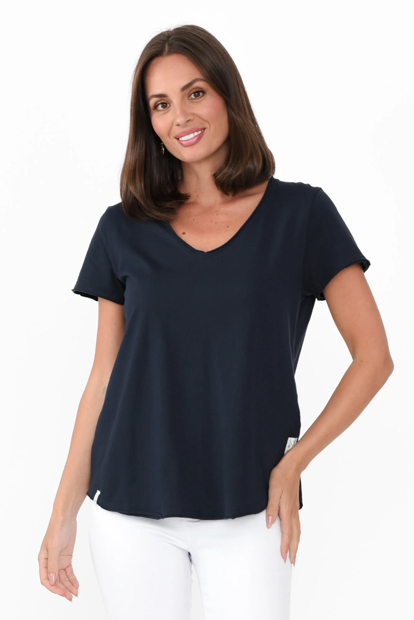 Maggie Navy Cotton Vee Tee