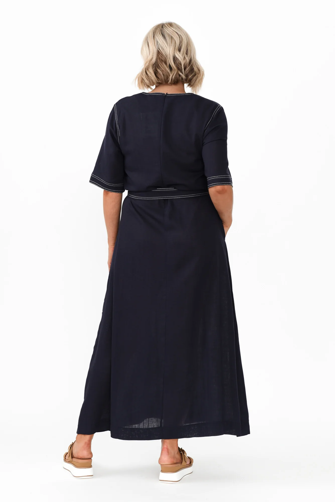 Navarra Navy Contrast Linen Blend Dress