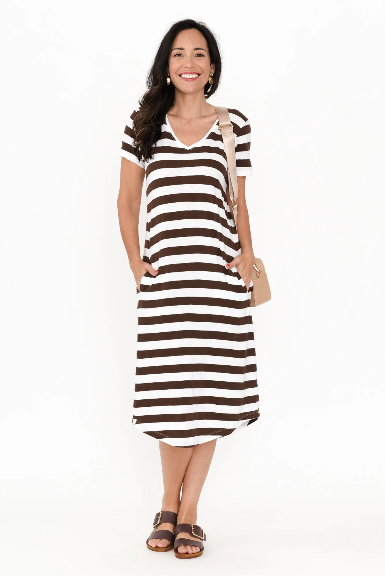 Maeve Chocolate Stripe Cotton Midi Dress