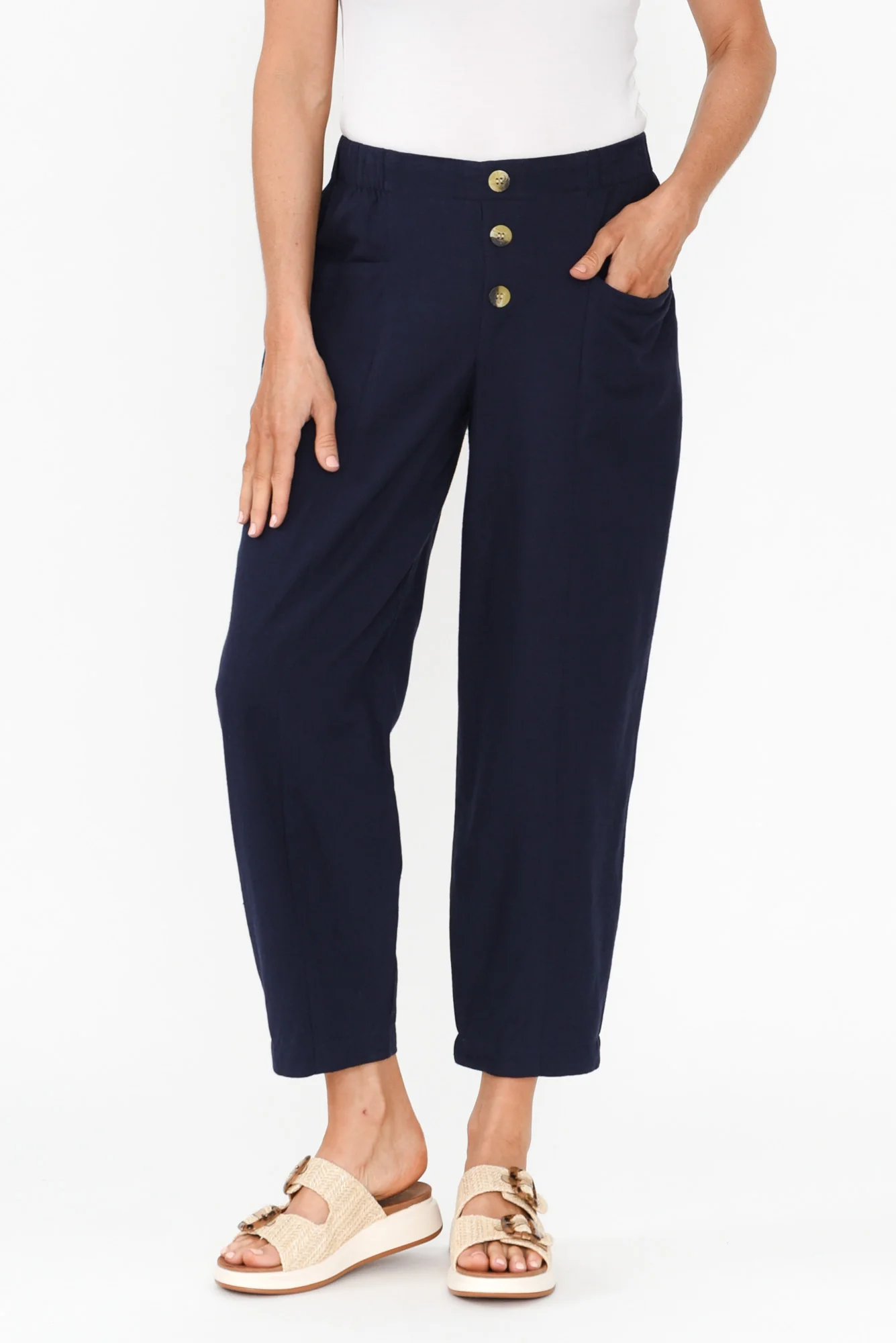 Akemi Navy Cotton Blend Pocket Pants