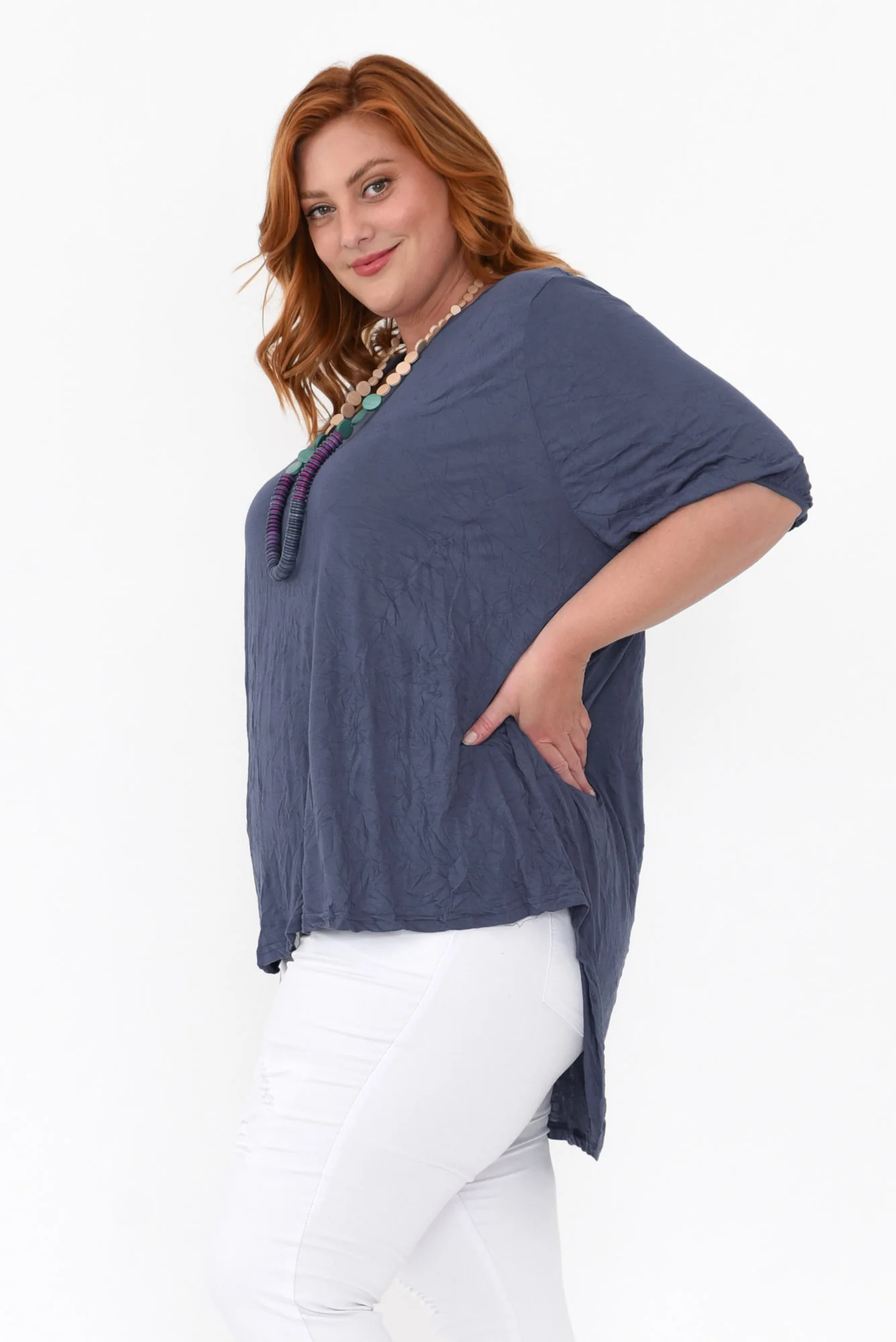 Agnes Blue Crinkle Cotton Hi Lo Top