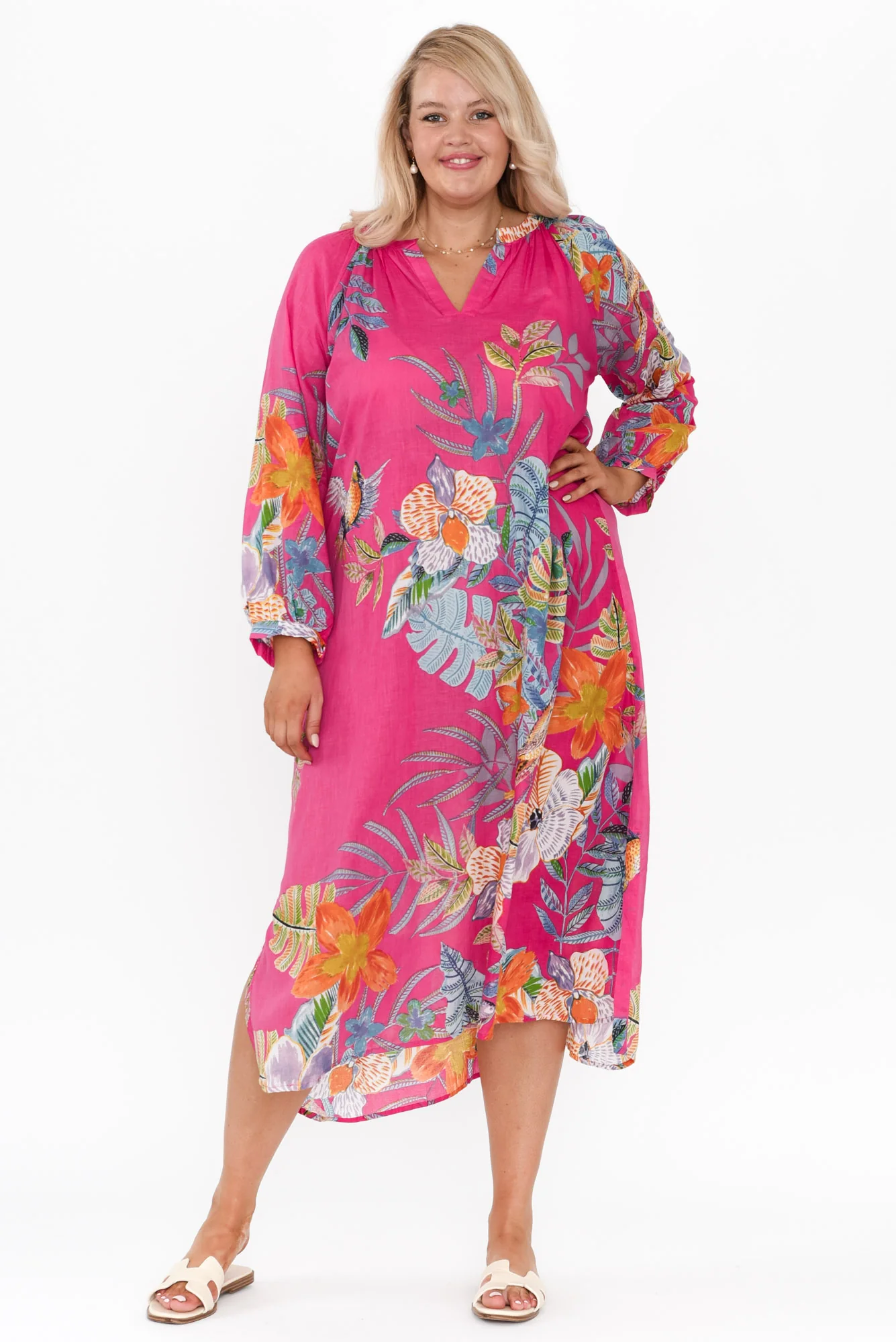 Liliana Pink Bird Cotton Kaftan