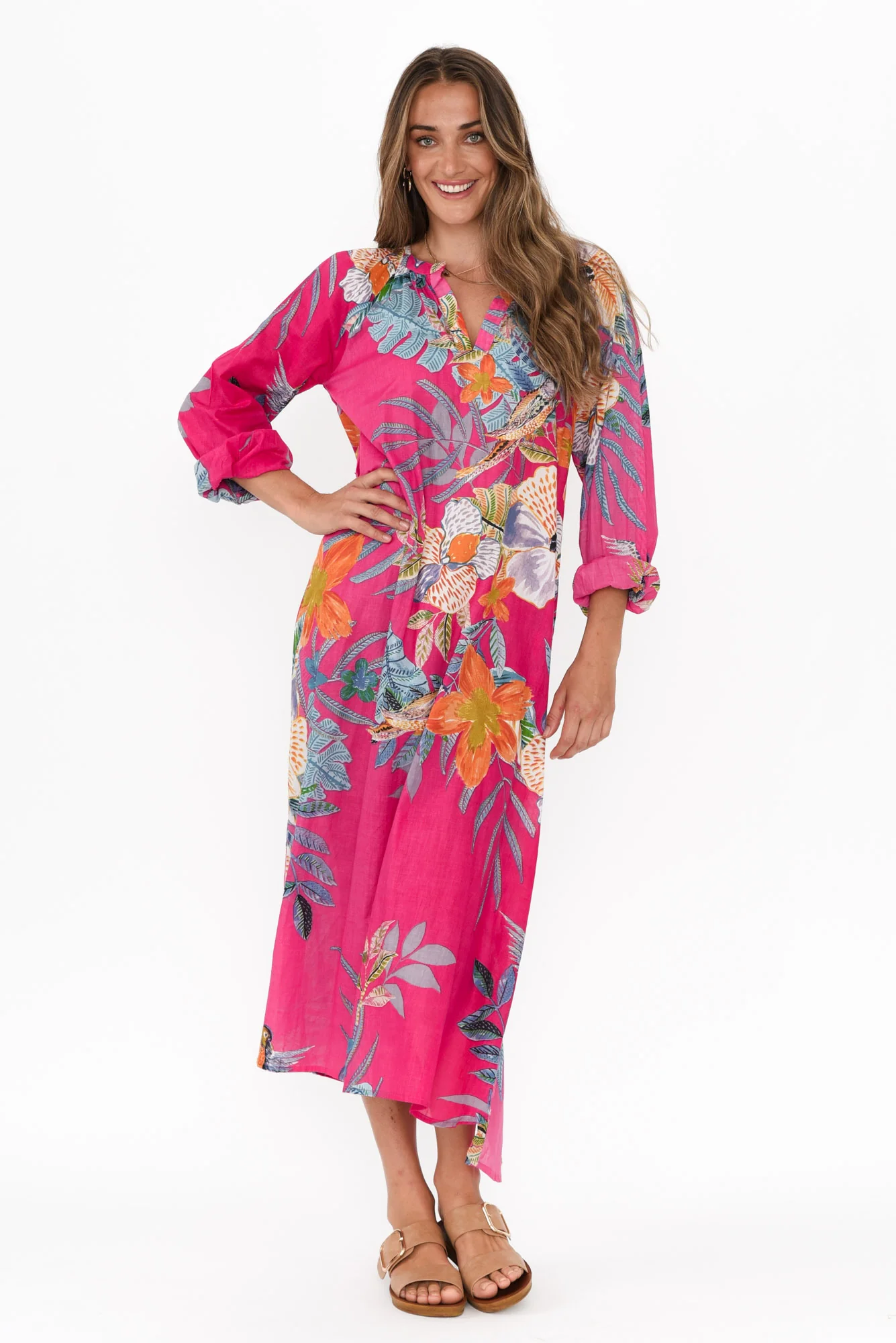 Liliana Pink Bird Cotton Kaftan