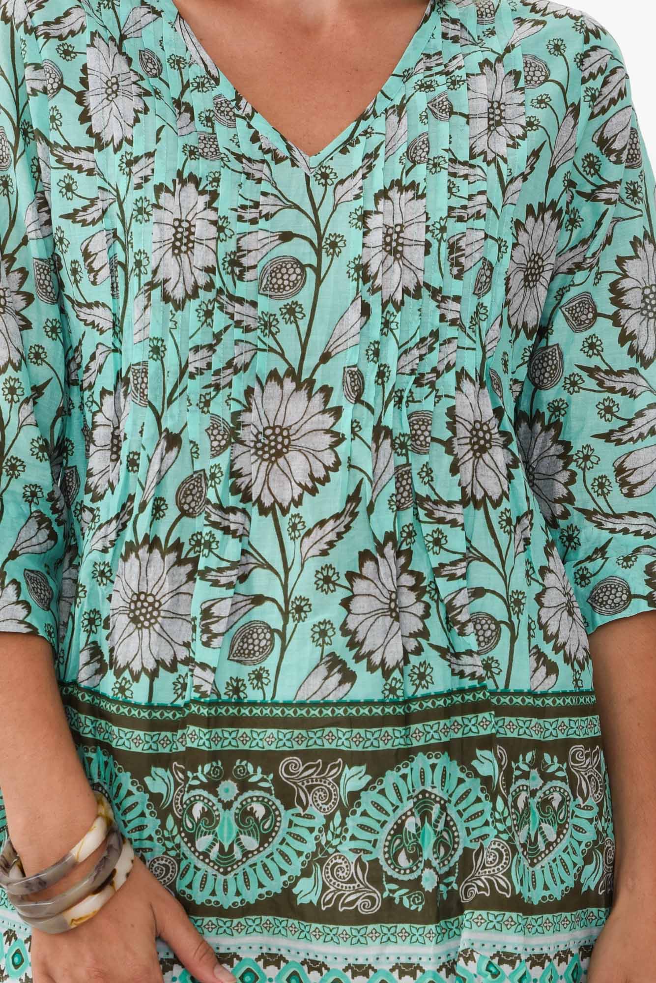 Fia Aqua Floral Sleeved Crinkle Cotton Top