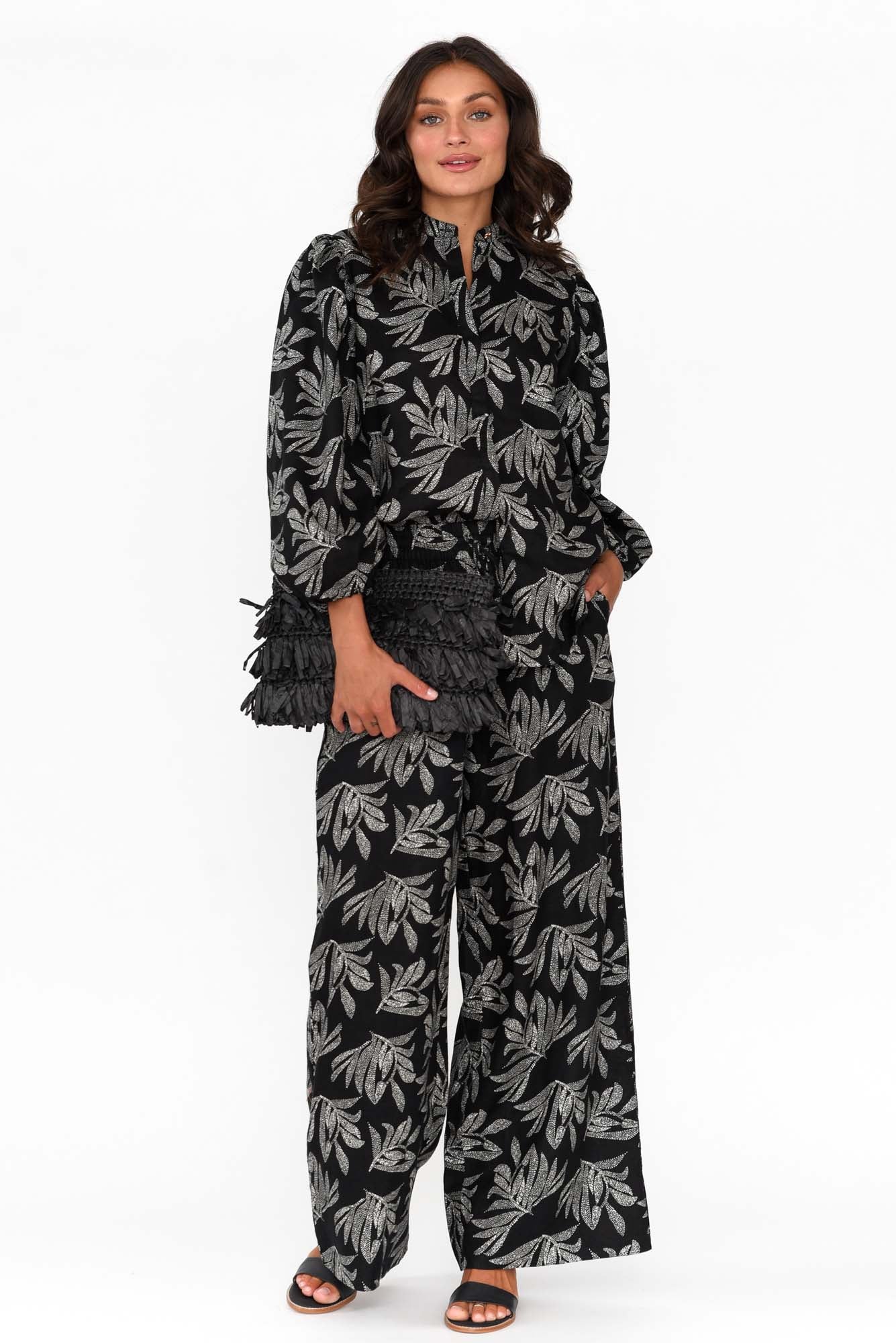 Eleri Black Palm Linen Wide Leg Pants