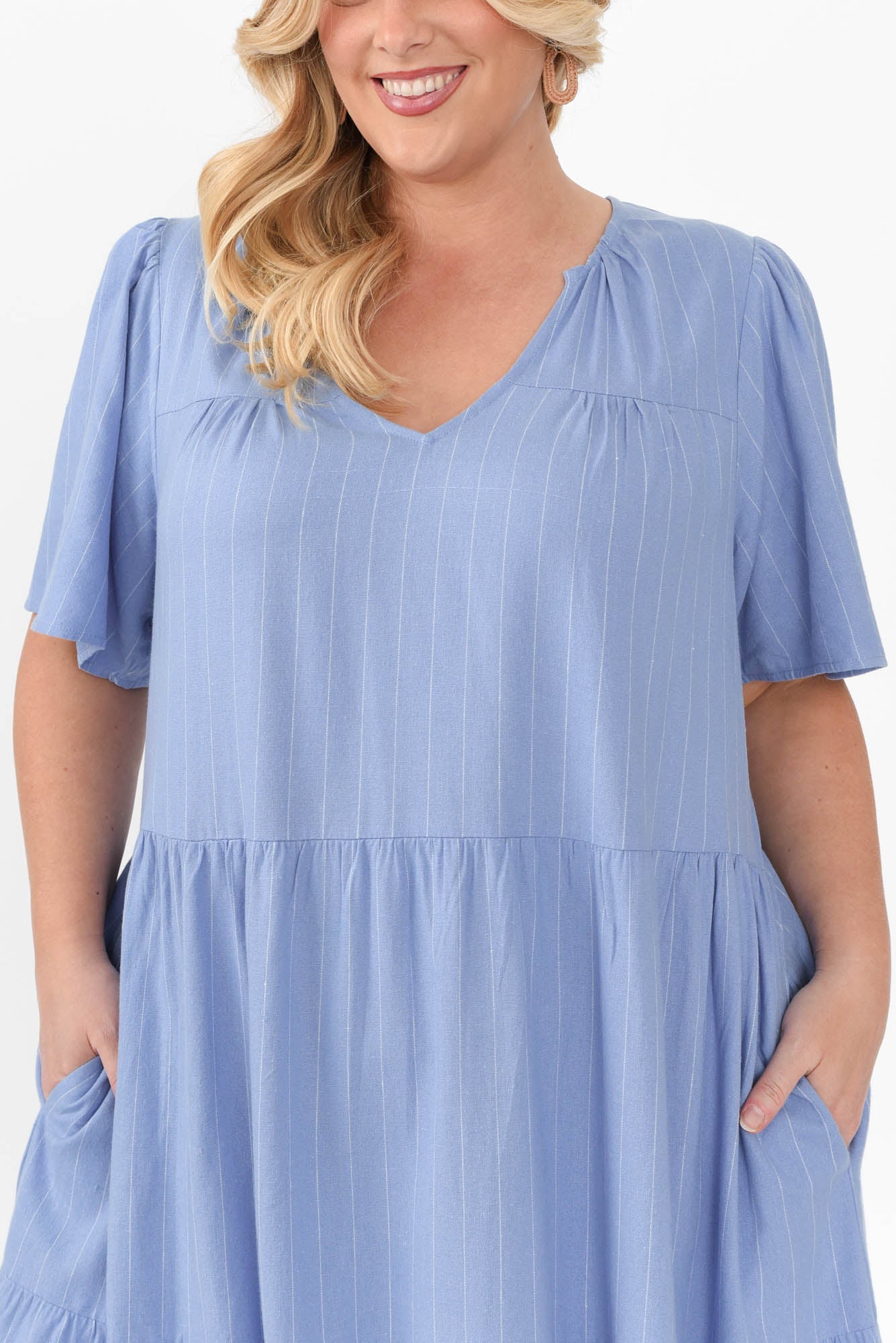 Regina Blue Linen Blend Tier Dress