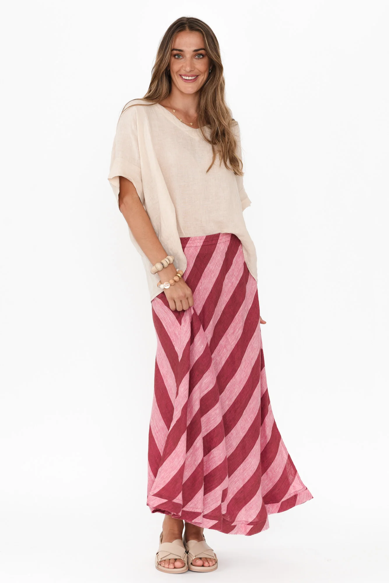 Sicily Burgundy Stripe Linen Skirt