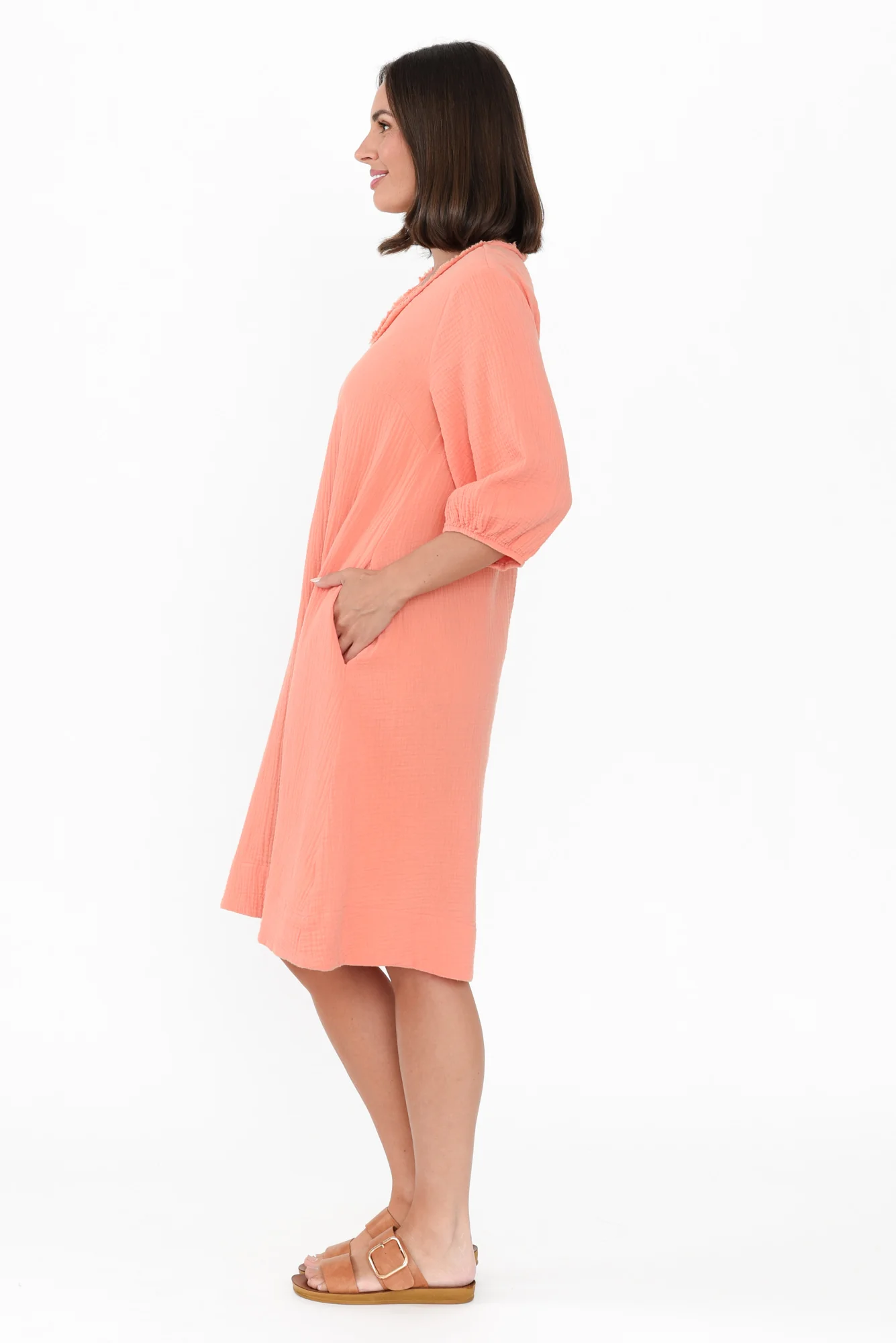 Cordelia Apricot Cotton Cheesecloth Pocket Dress