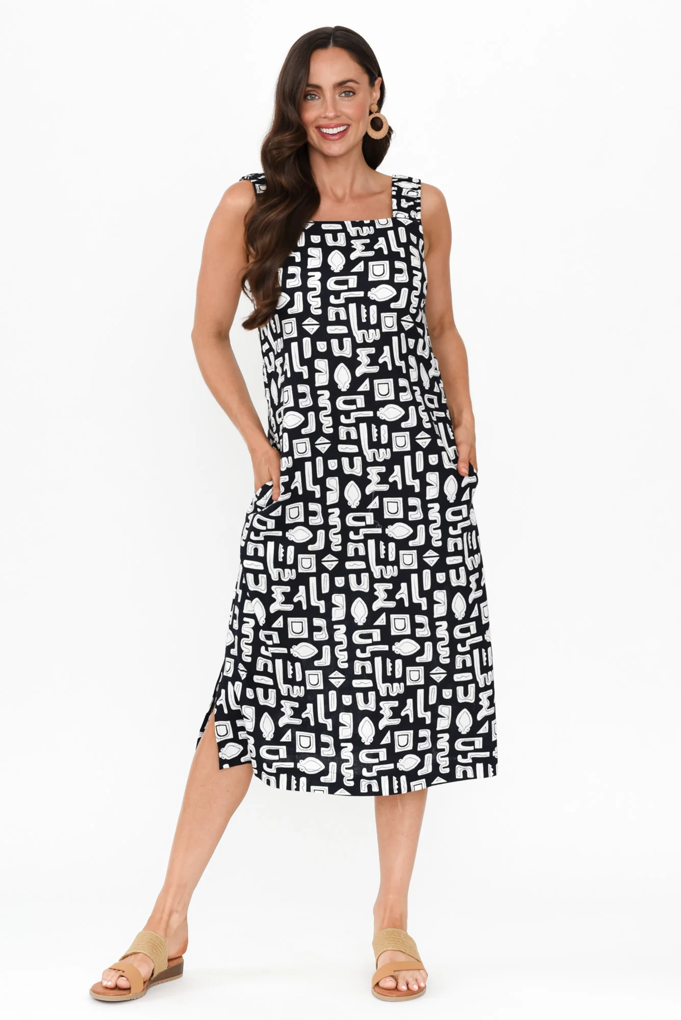 Etched Navy Geo Linen Blend Dress