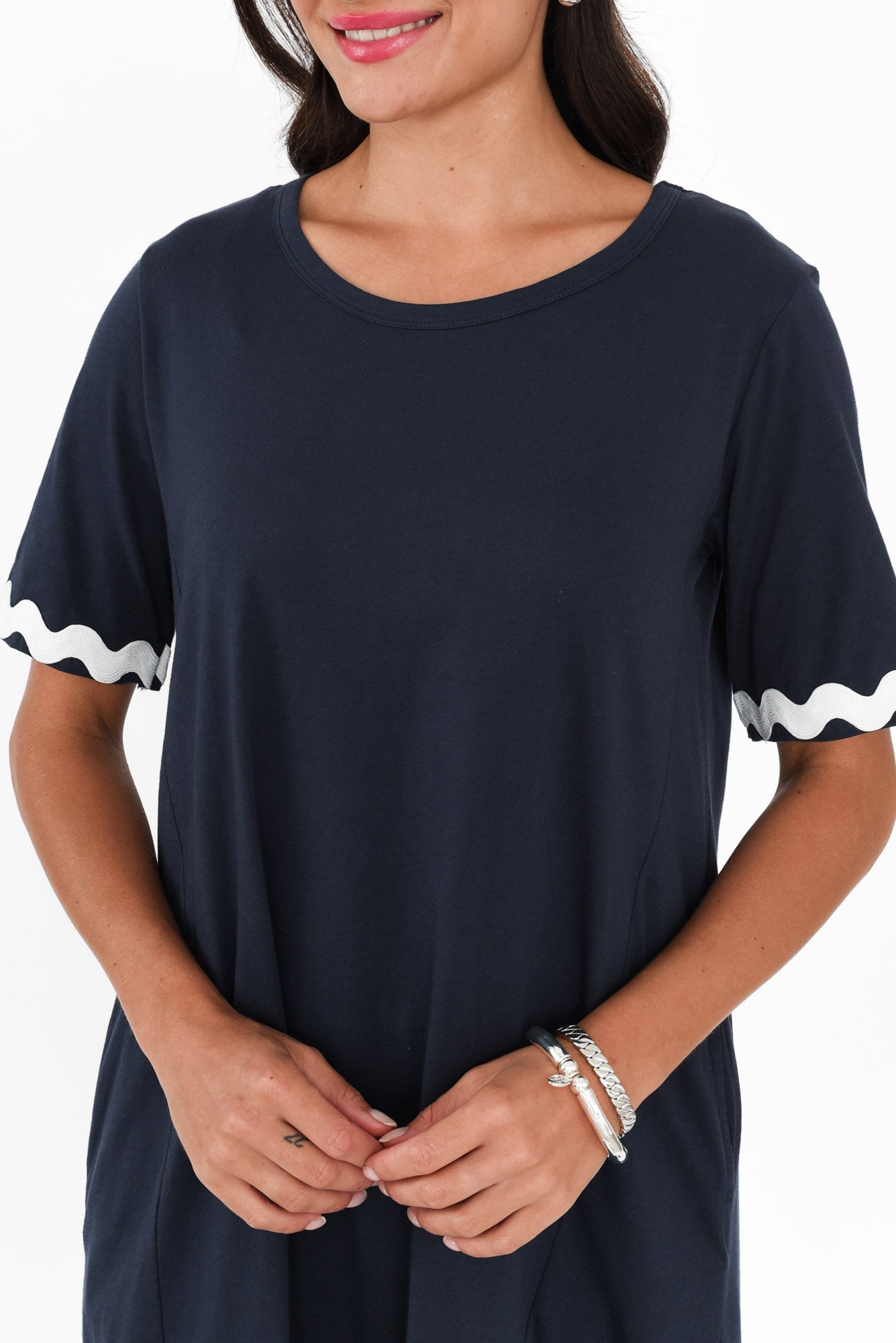 Nyree Navy Ric Rac Hi Lo Cotton Dress