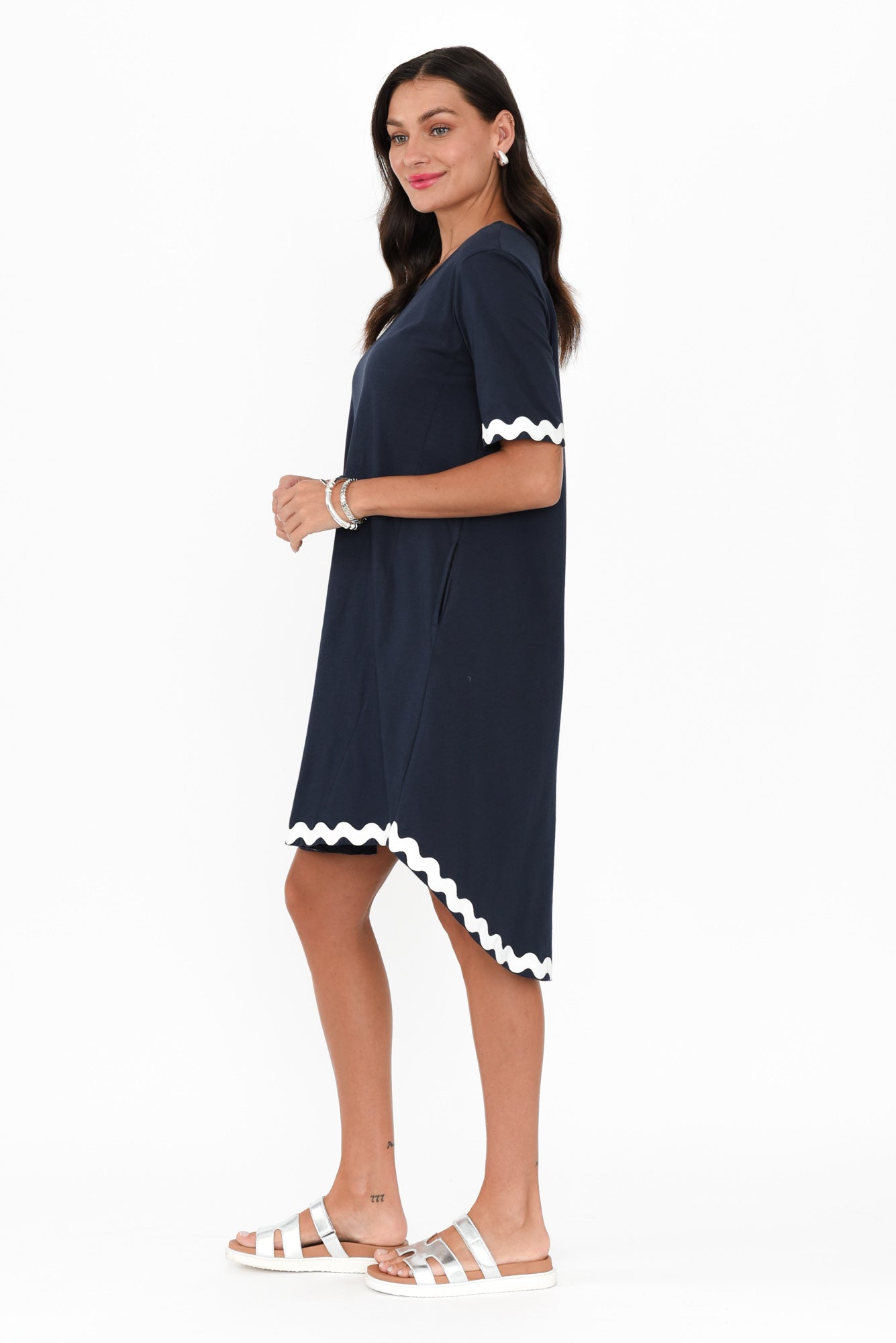 Nyree Navy Ric Rac Hi Lo Cotton Dress