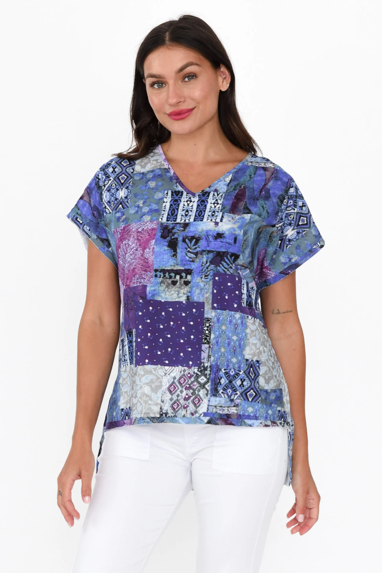 Terassa Blue Abstract Linen Blend Top