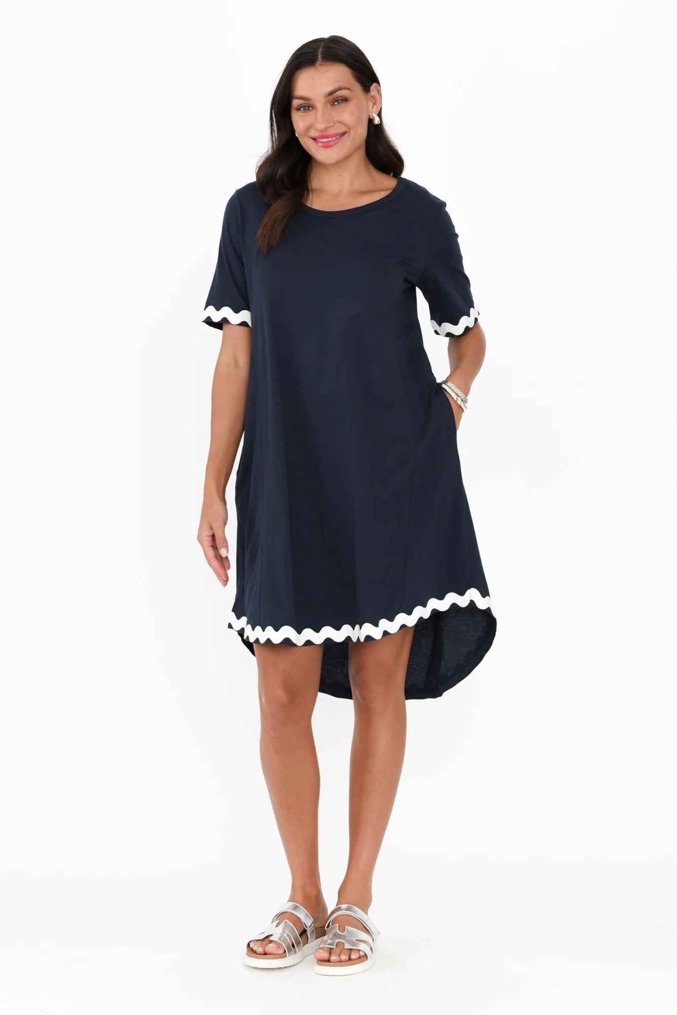 Nyree Navy Ric Rac Hi Lo Cotton Dress