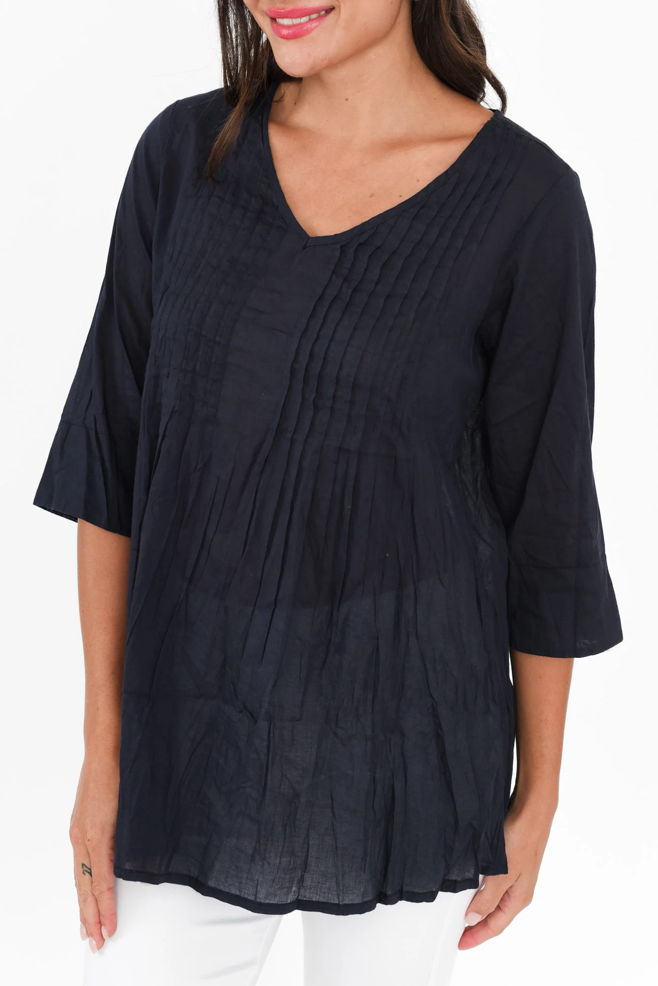 Fia Navy Sleeved Crinkle Cotton Top