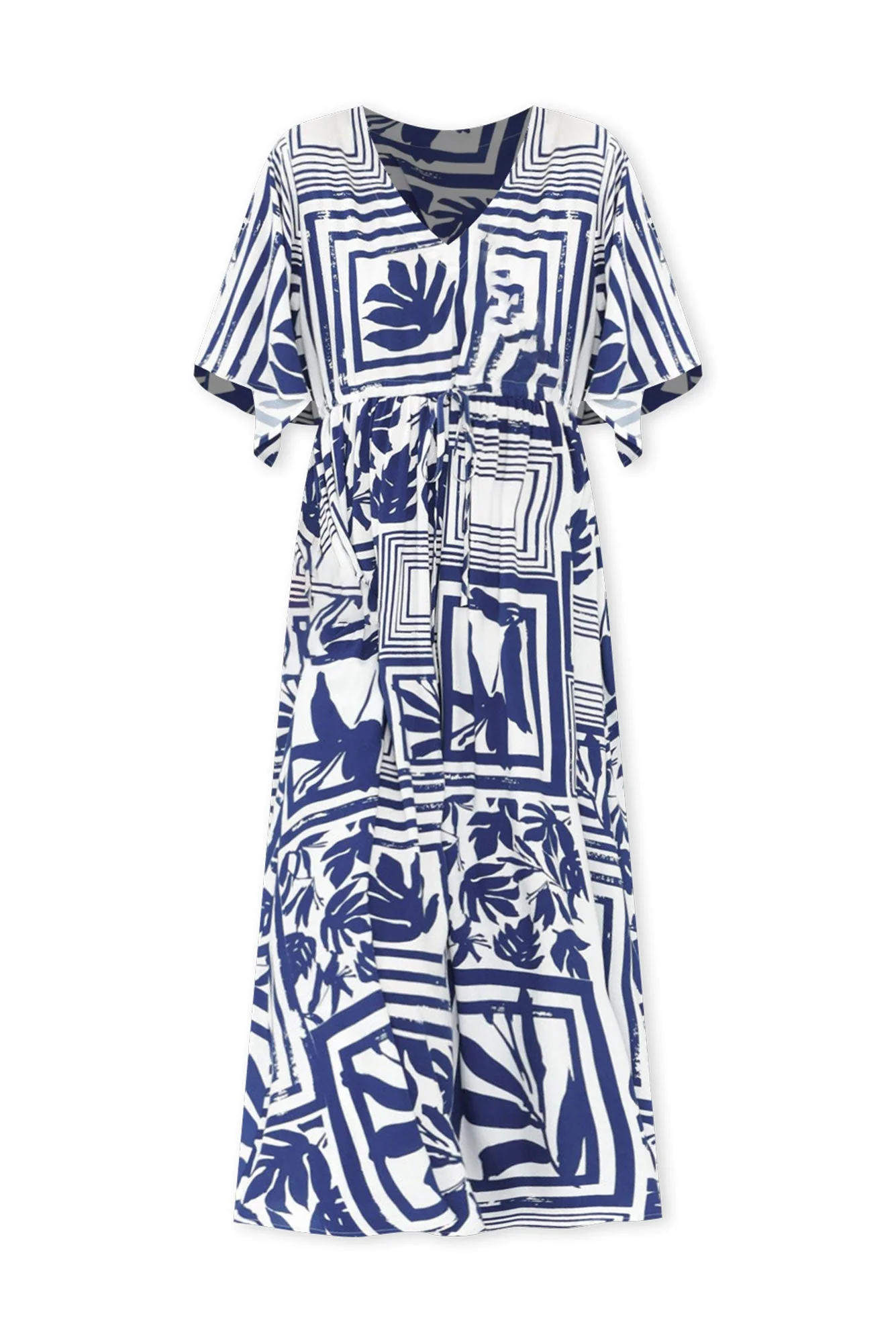 Jennifer Blue Tile Flutter Sleeve Dress