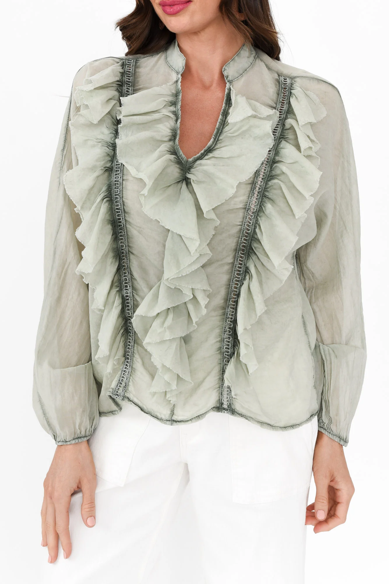 Sandra Khaki Cotton Ruffle Top