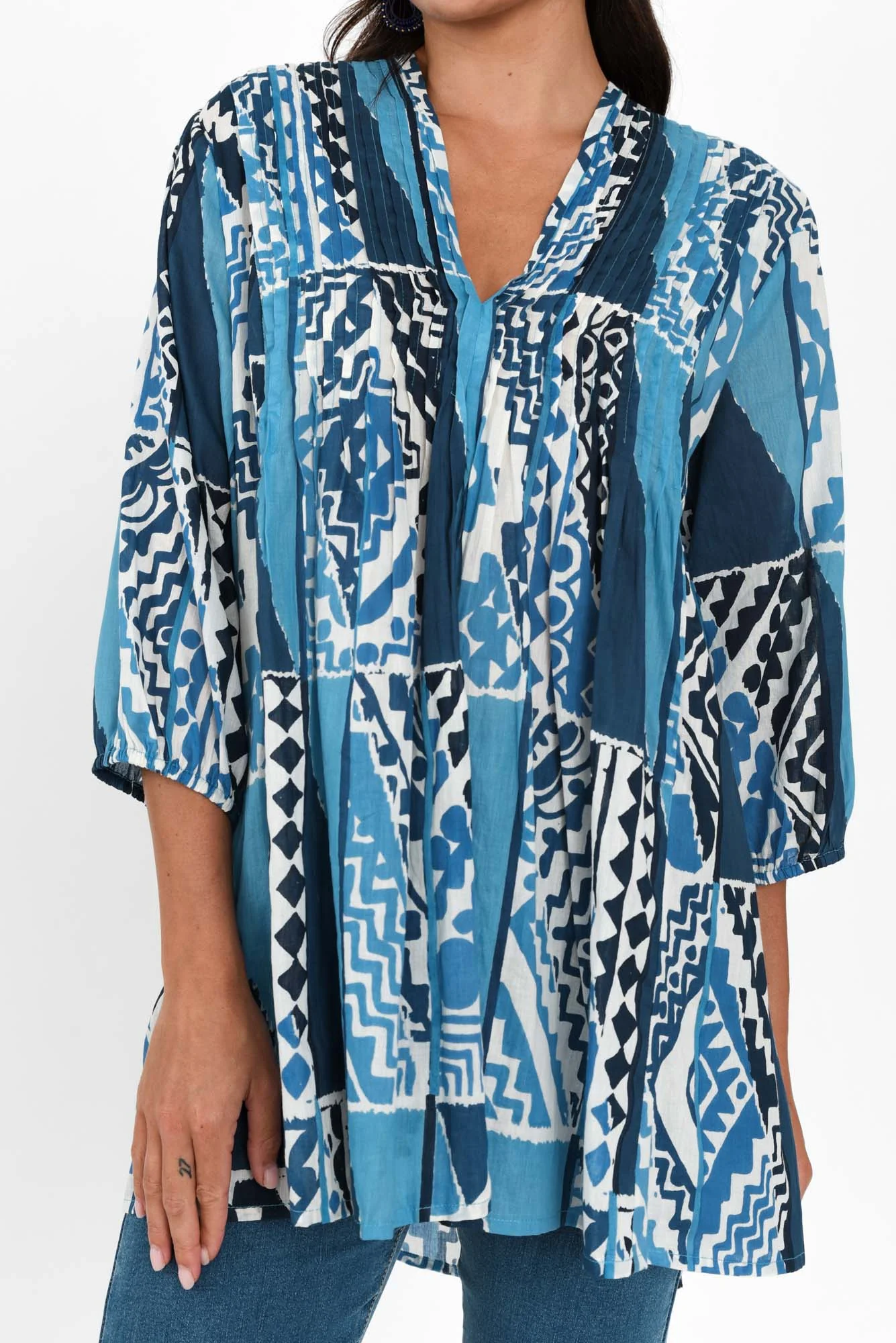 Alexa Blue Motif Cotton V Neck Top