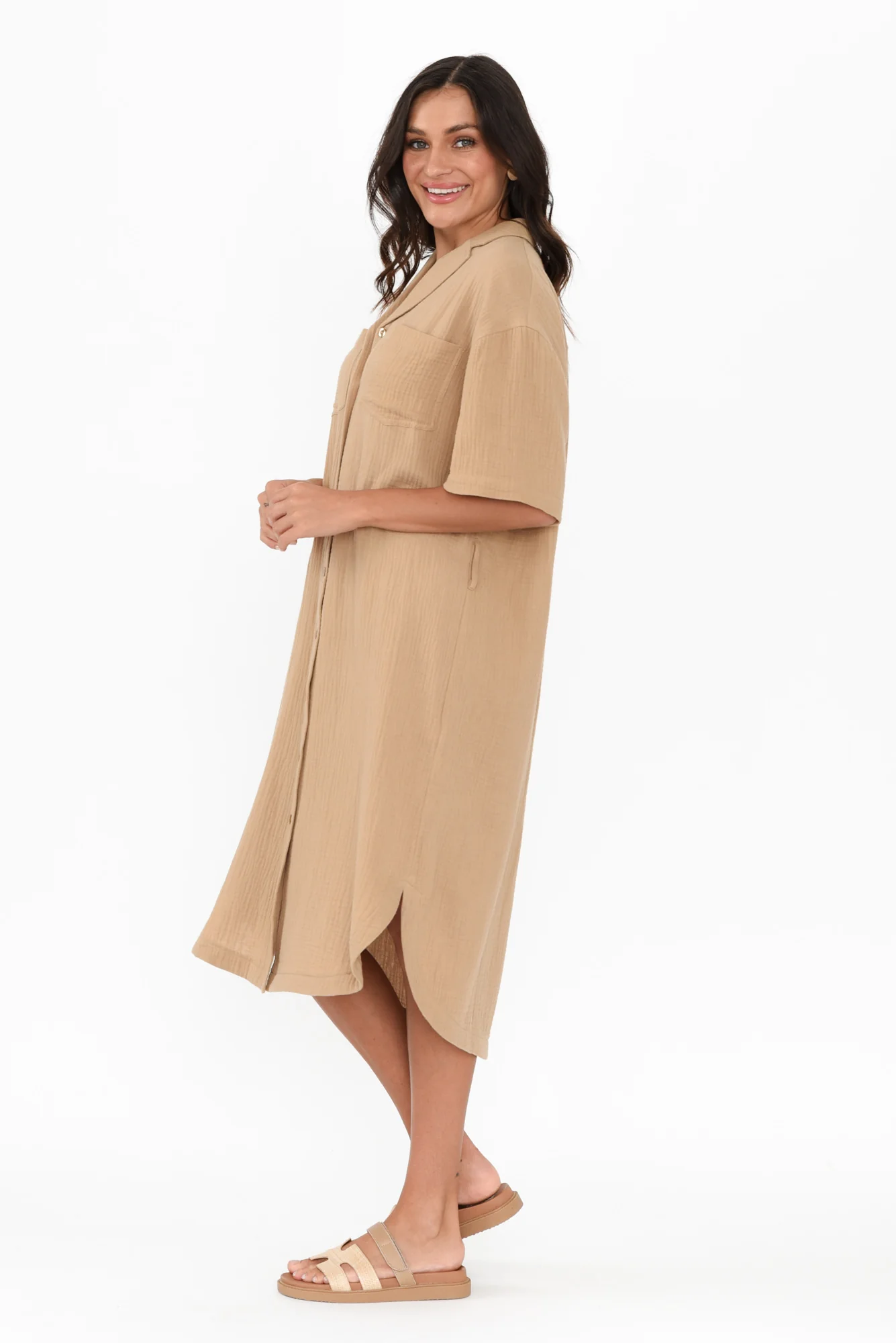 Tahiti Beige Cotton Cheesecloth Tie Dress