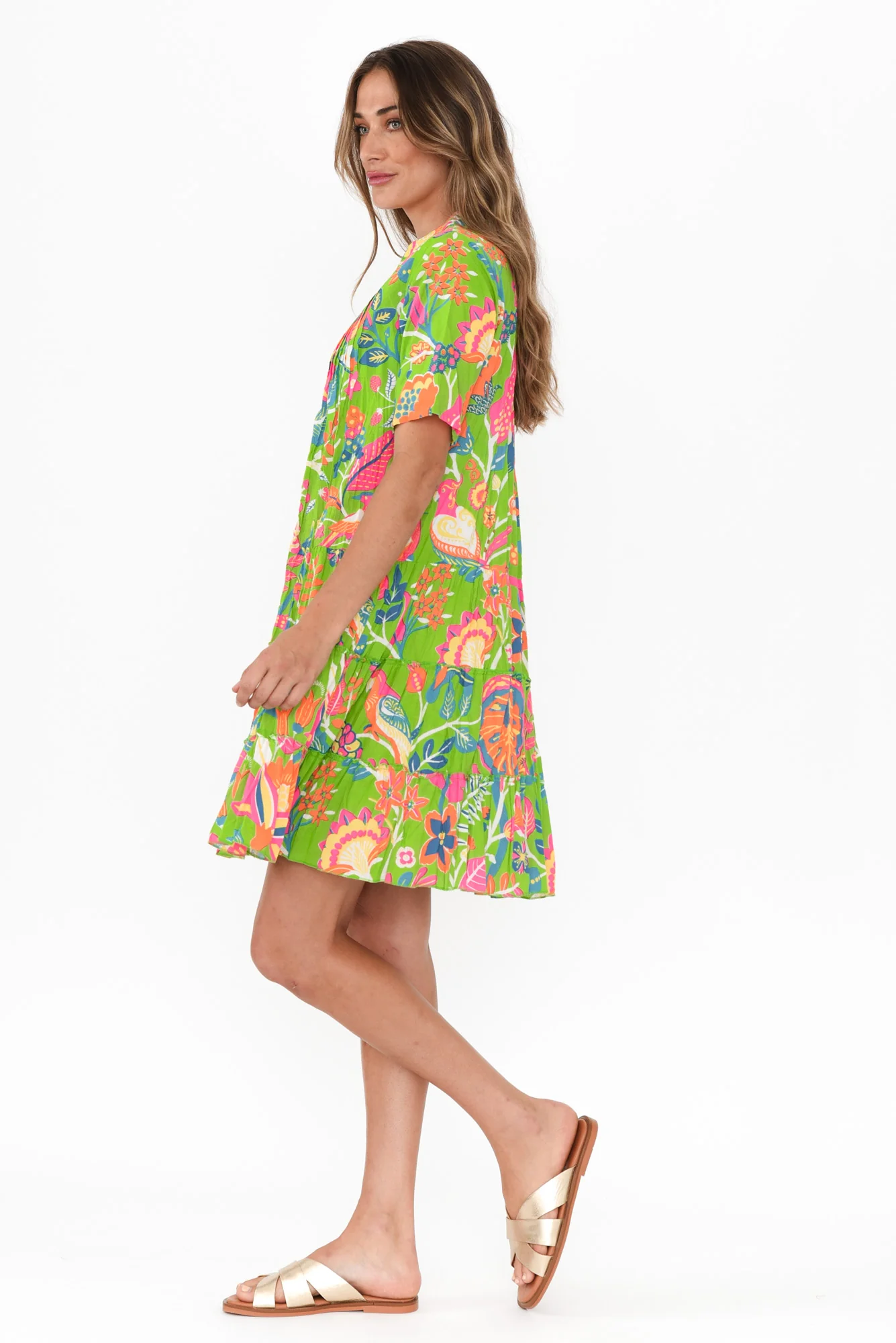 Madurai Green Floral Cotton Pleated Dress