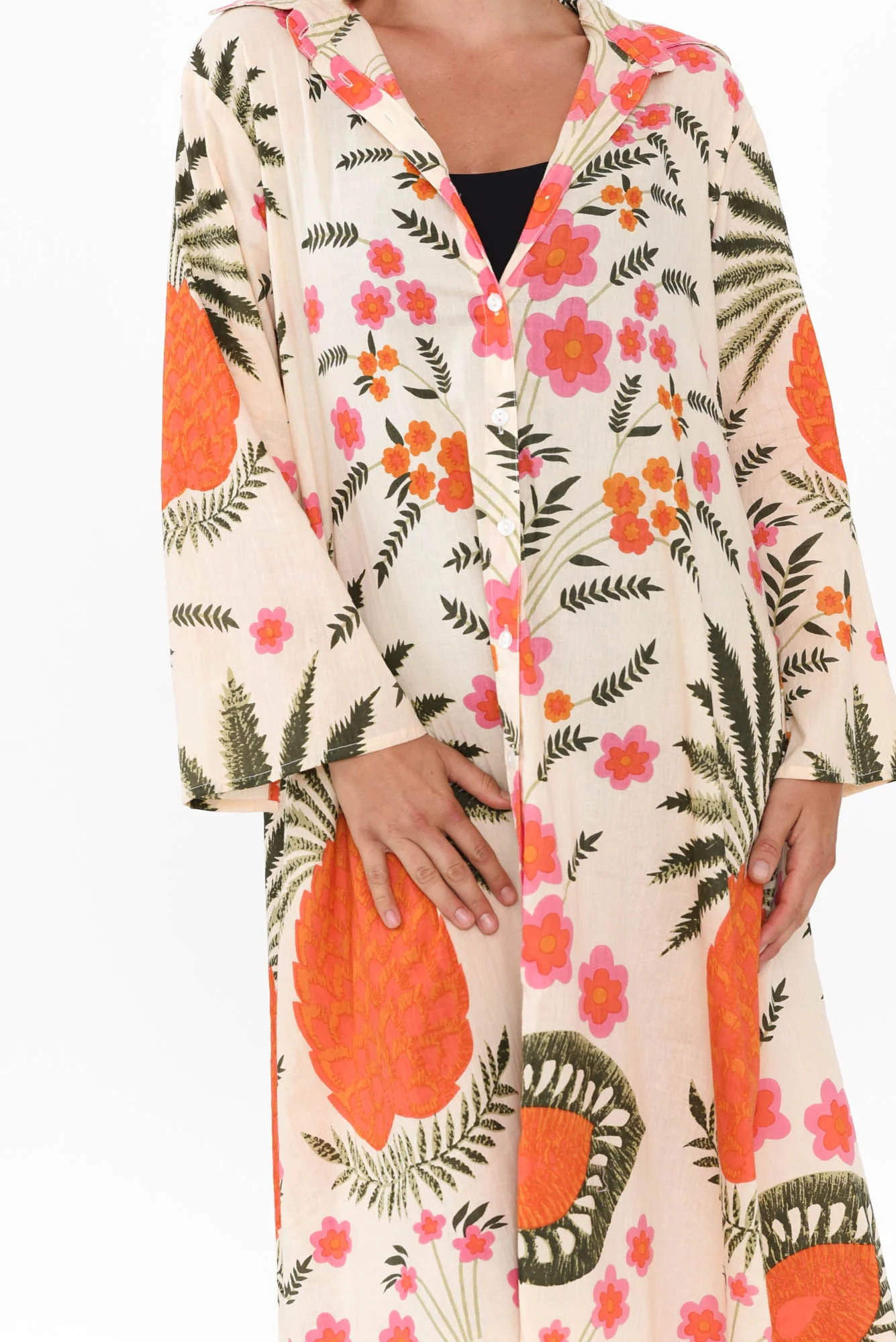 Stav Orange Tropical Cotton Button Kaftan