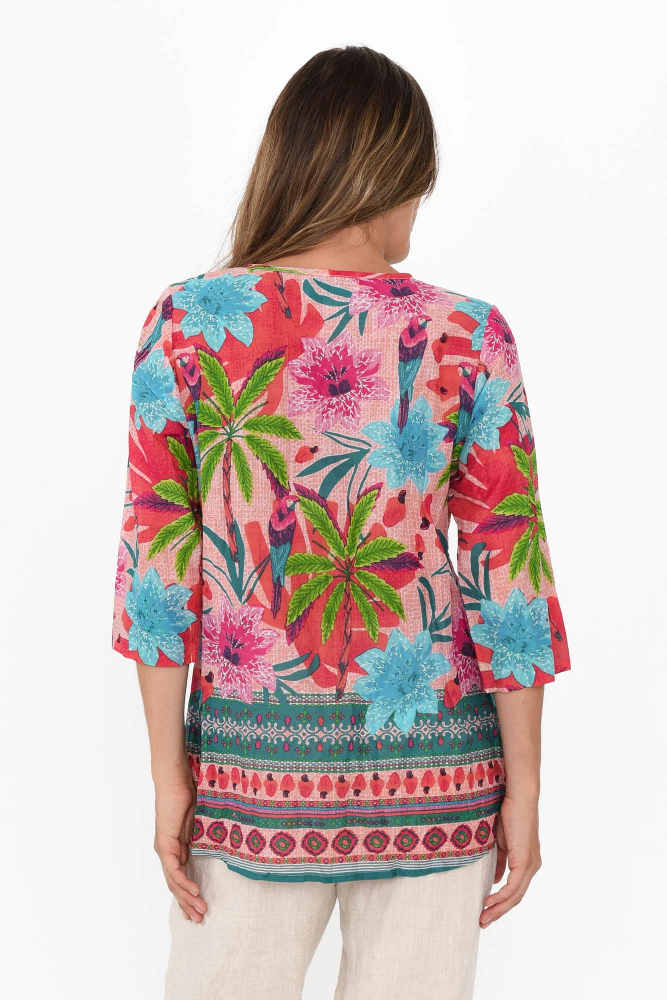 Fia Pink Palm Sleeved Crinkle Cotton Top