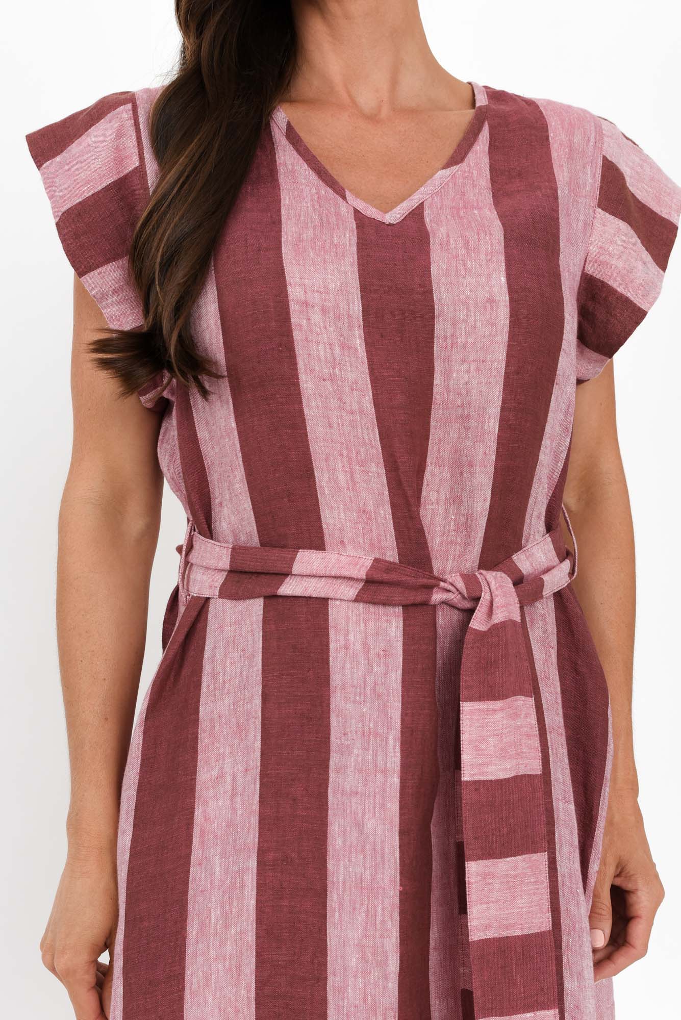 Sebou Burgundy Stripe Linen Tie Dress