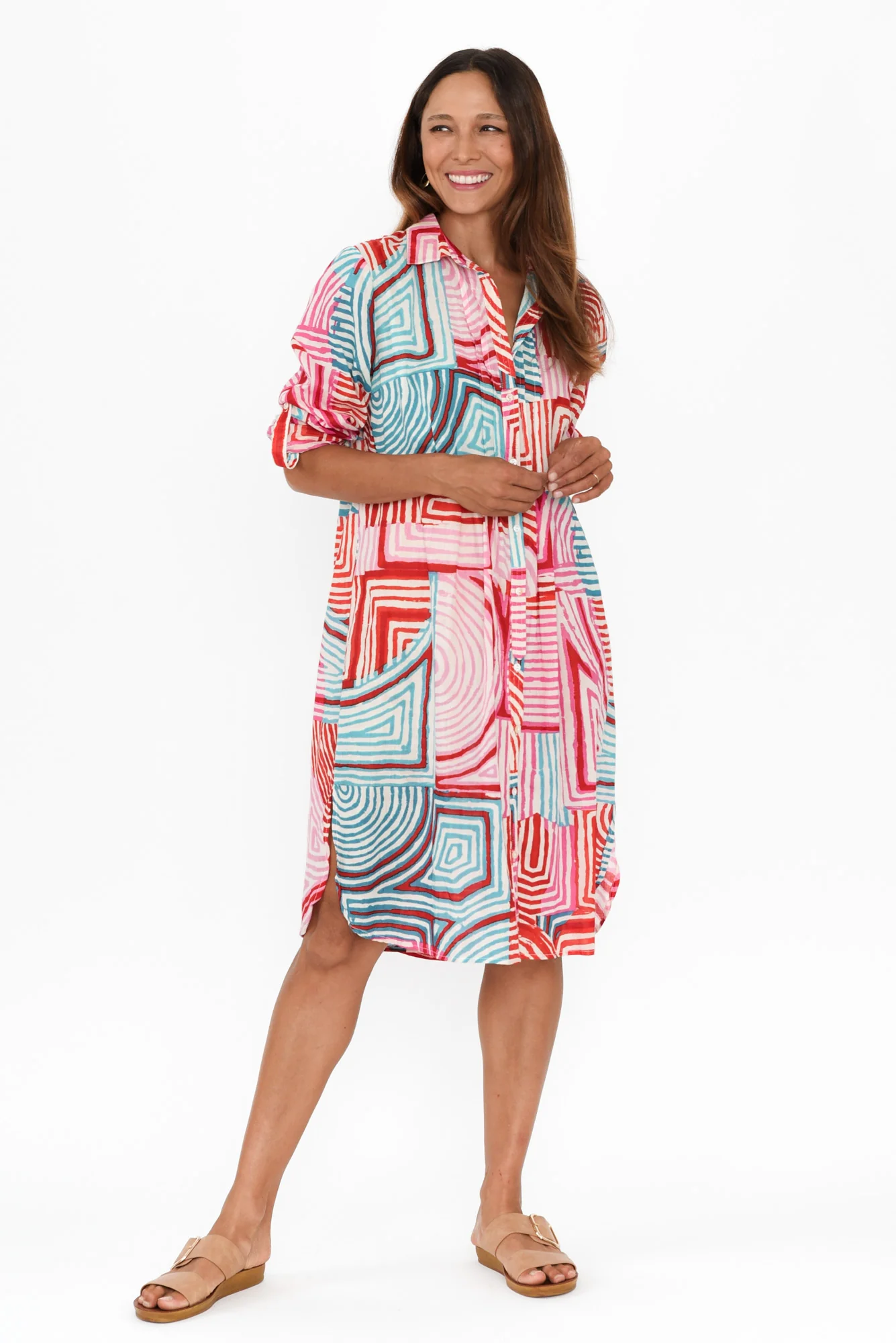 Maya Pink Geo Cotton Shirt Dress