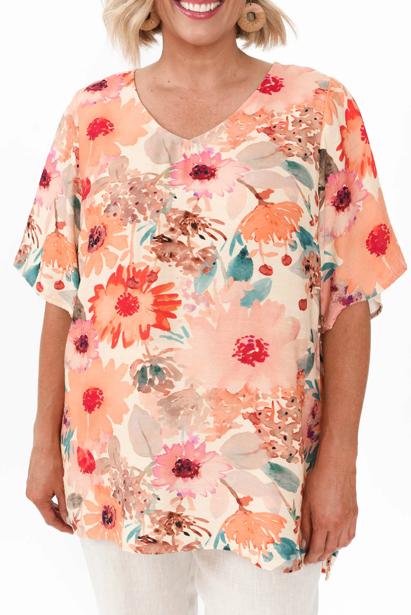 Marian Orange Floral Linen Blend Top