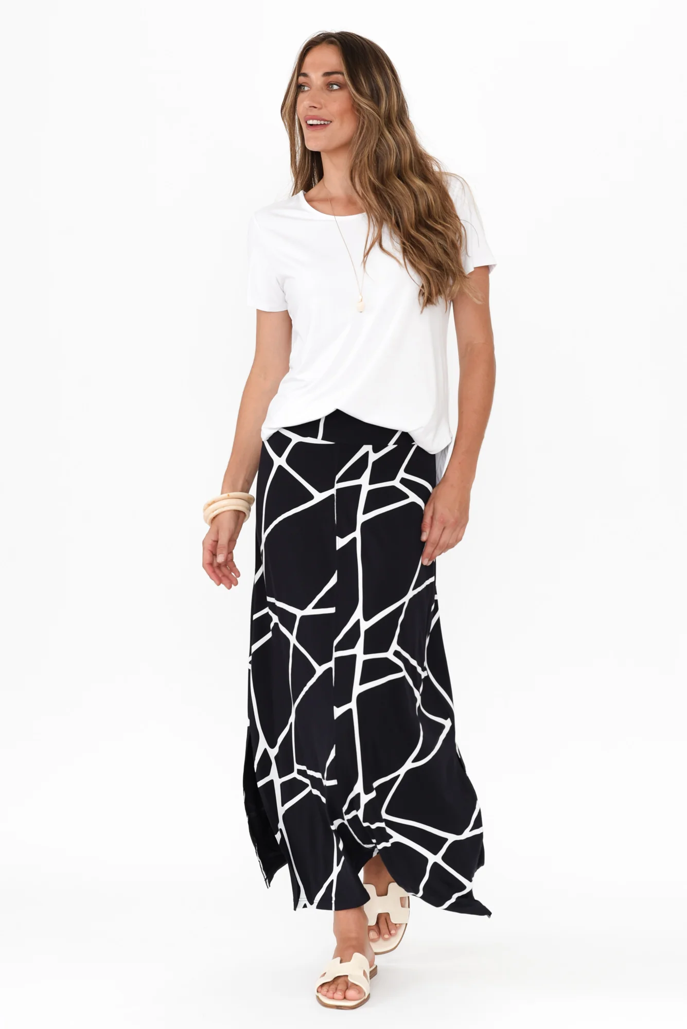 Navy Marble Micro Modal Long Panel Skirt