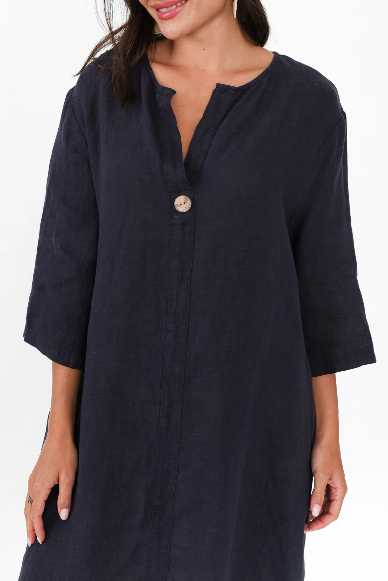 Sian Navy Linen V Neck Dress