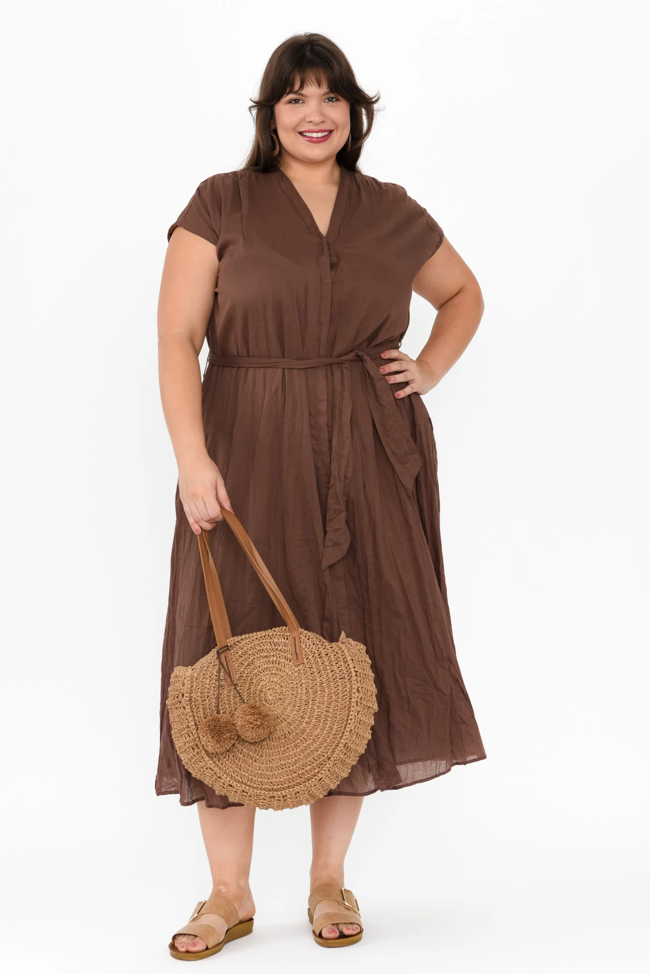 Octavia Chocolate Crinkle Cotton Button Dress