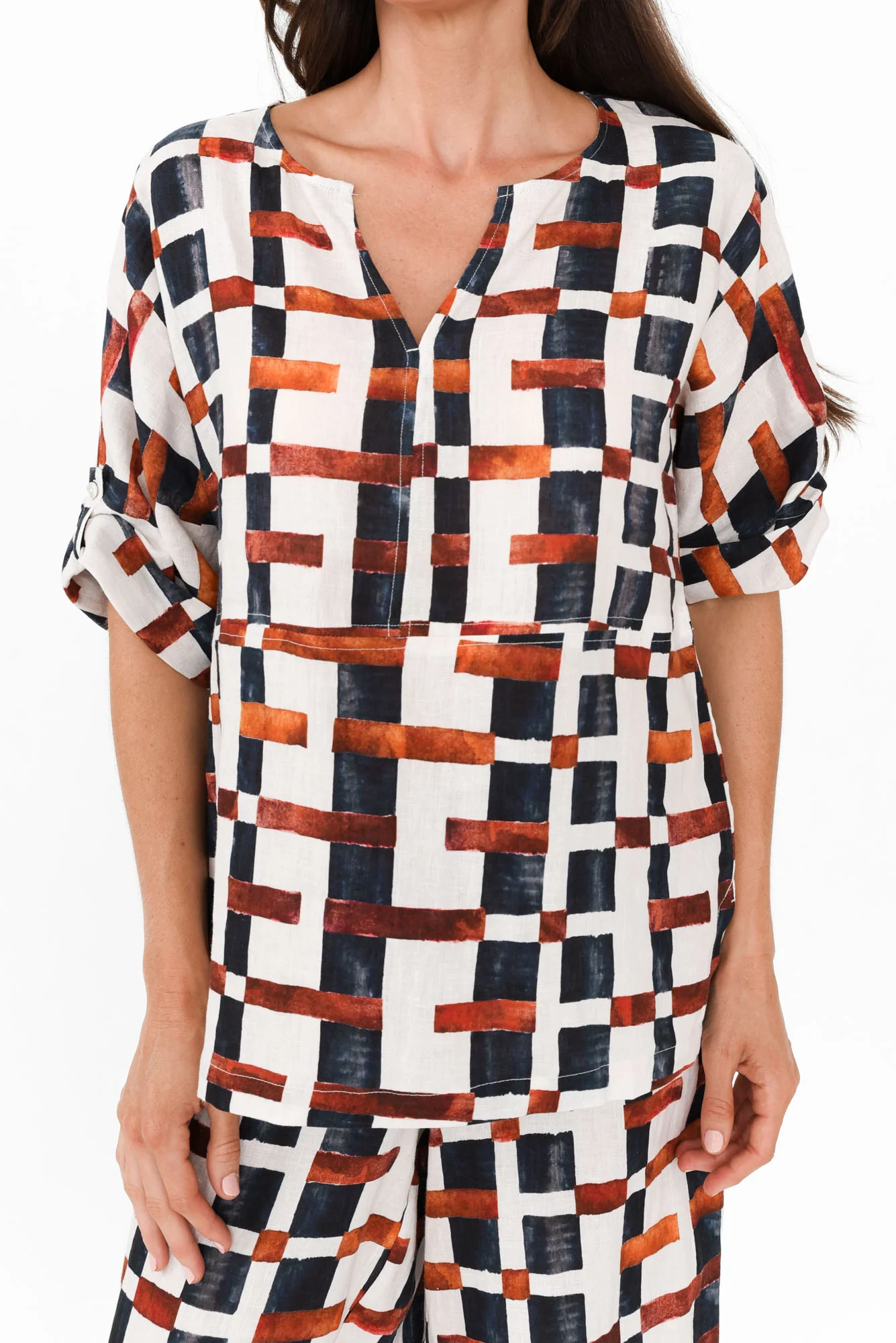 Taina Brown Geo Linen Top