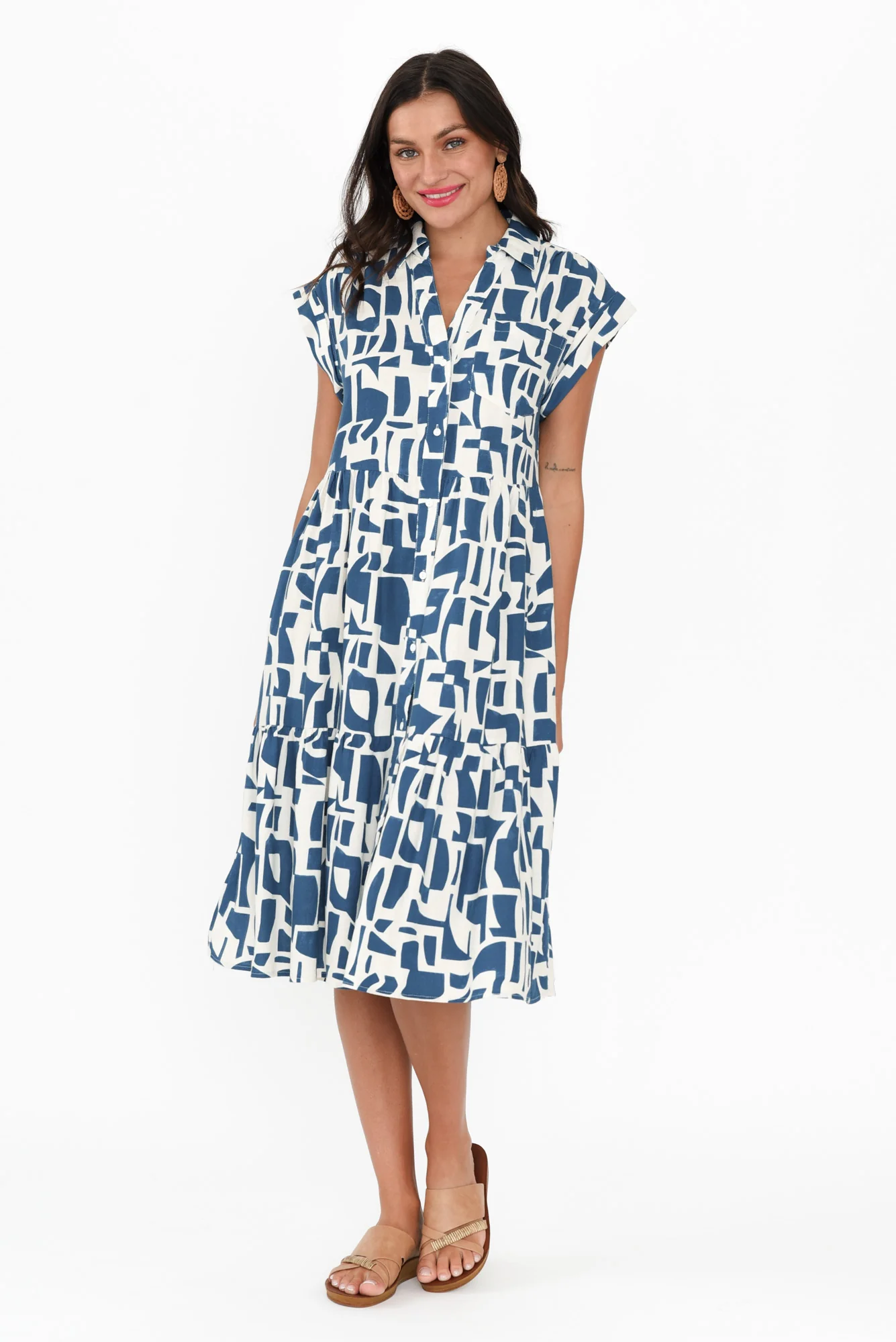 Zurich Blue Geo Collared Tier Dress