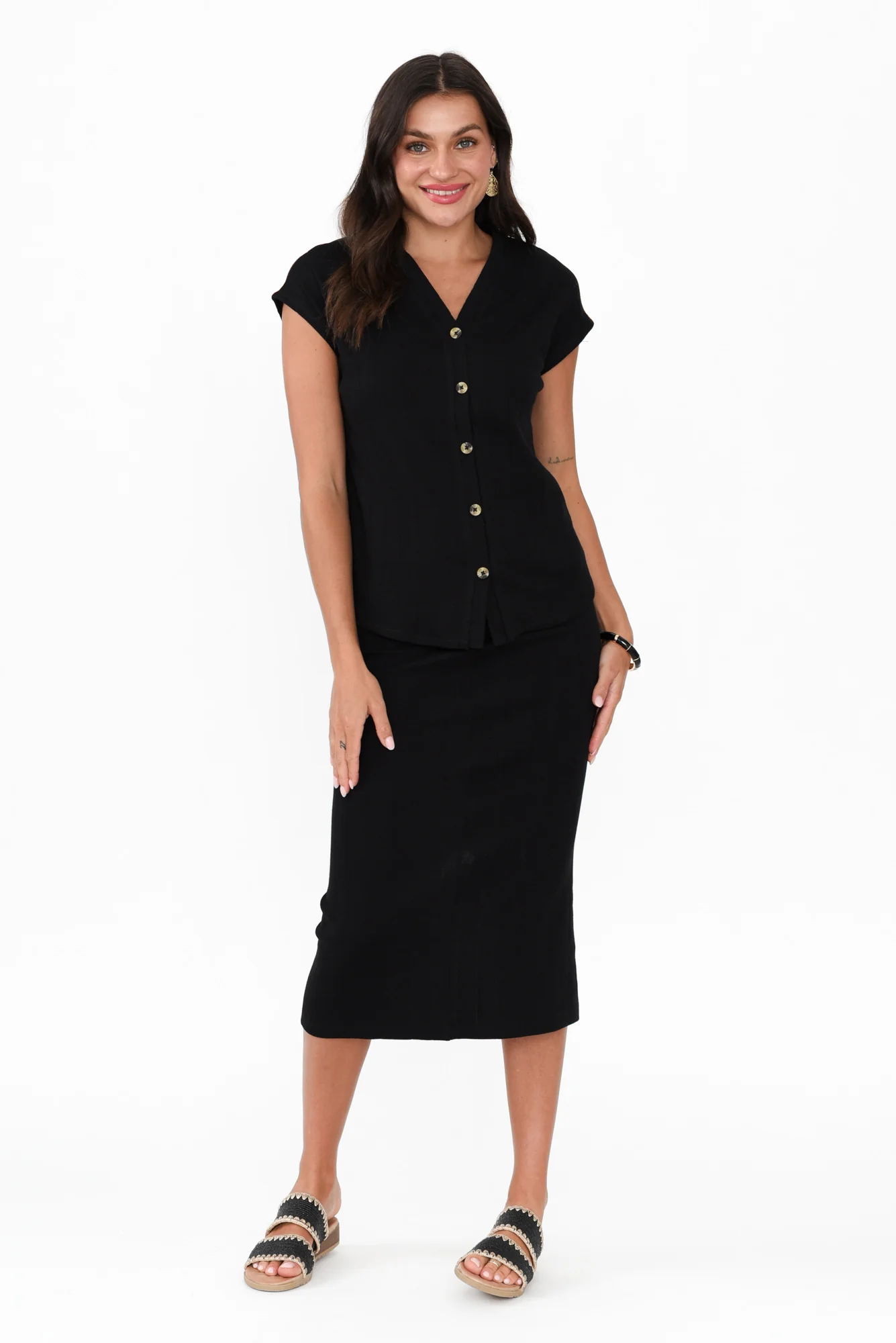 Yuki Black Cotton Blend Ribbed Skirt