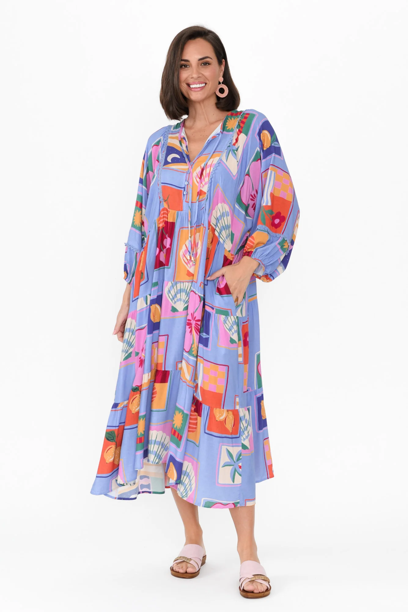 Minerva Blue Tile Puff Sleeve Dress