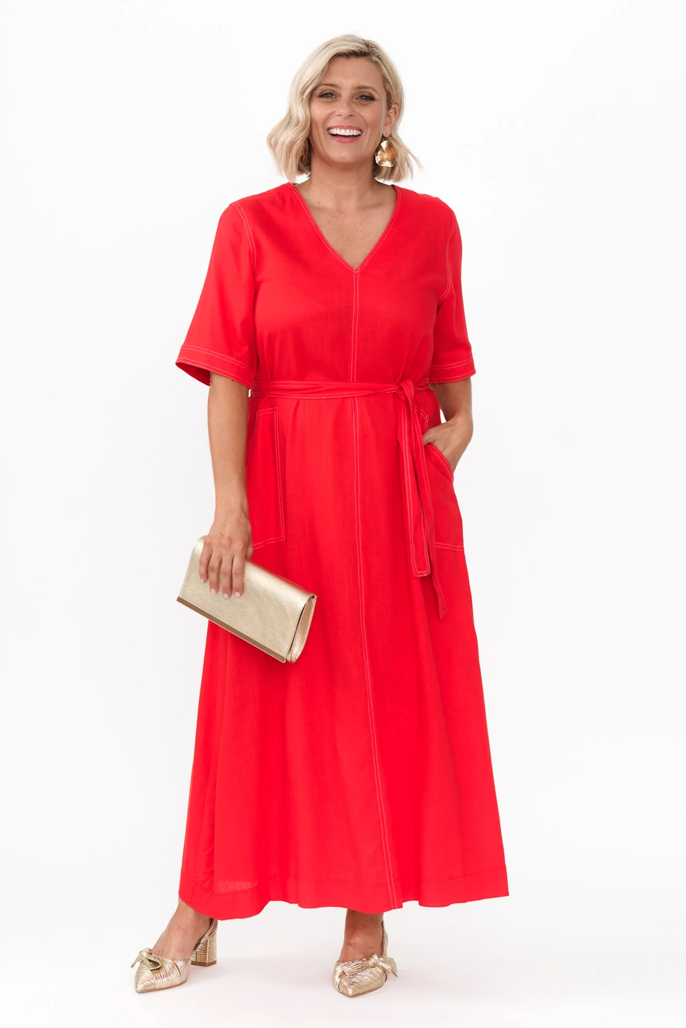 Navarra Red Contrast Linen Blend Dress