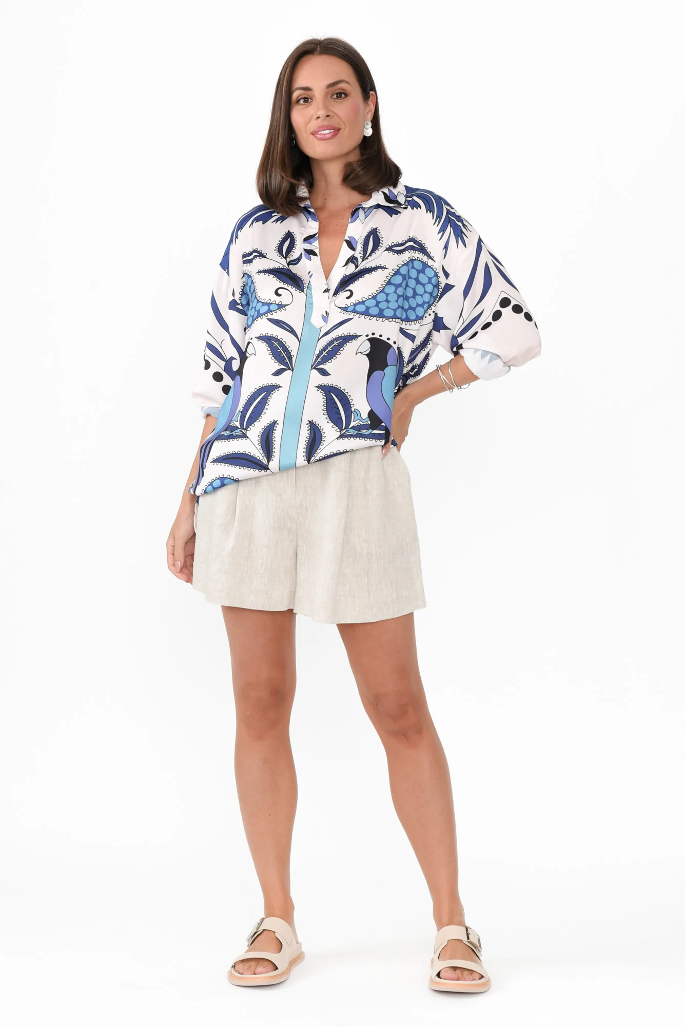 Suzy Blue Tropical V Neck Shirt
