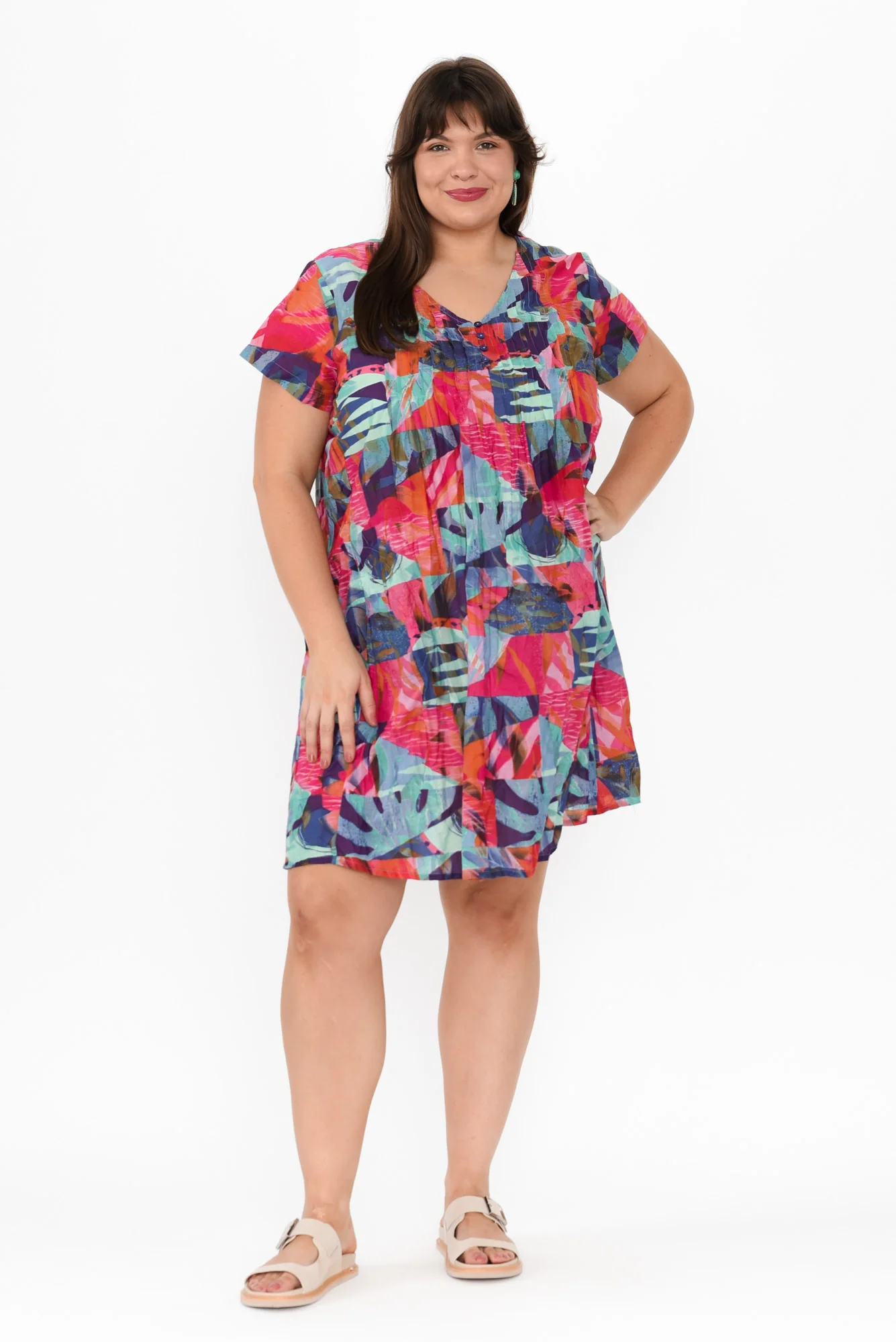 Sabina Fuchsia Geo Crinkle Cotton Dress
