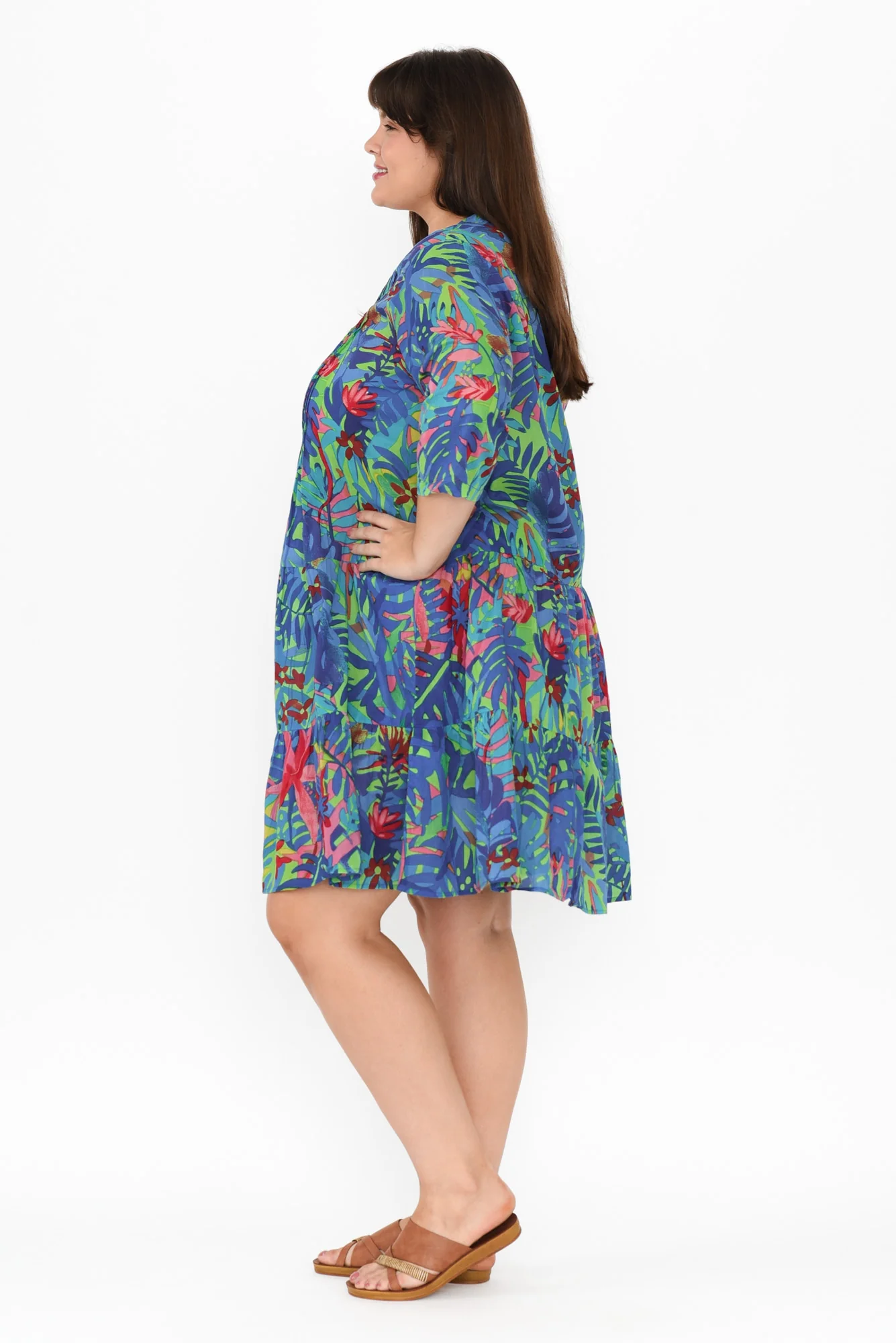 Larissa Blue Leaf Cotton Pleated Dress
