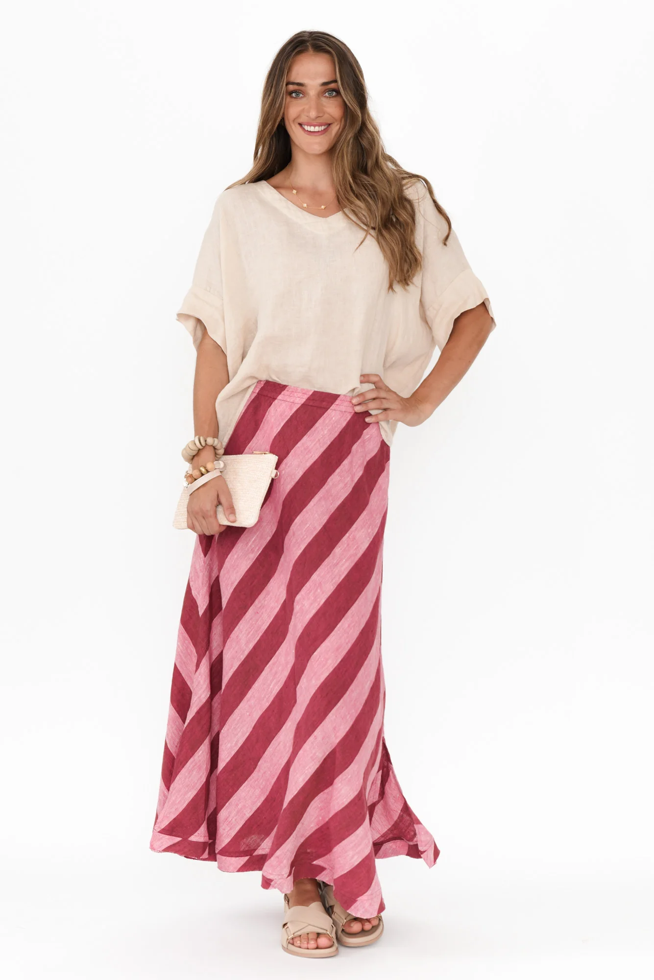 Sicily Burgundy Stripe Linen Skirt