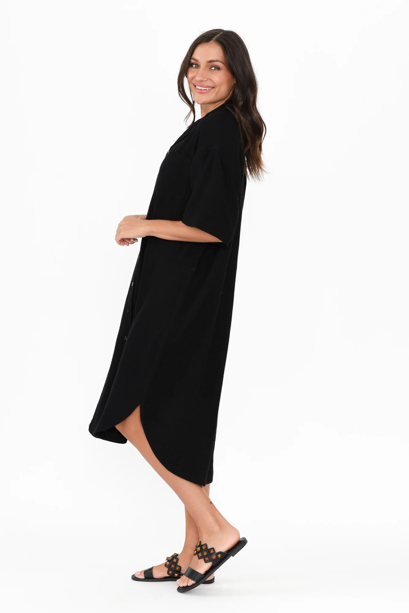 Tahiti Black Cotton Cheesecloth Tie Dress