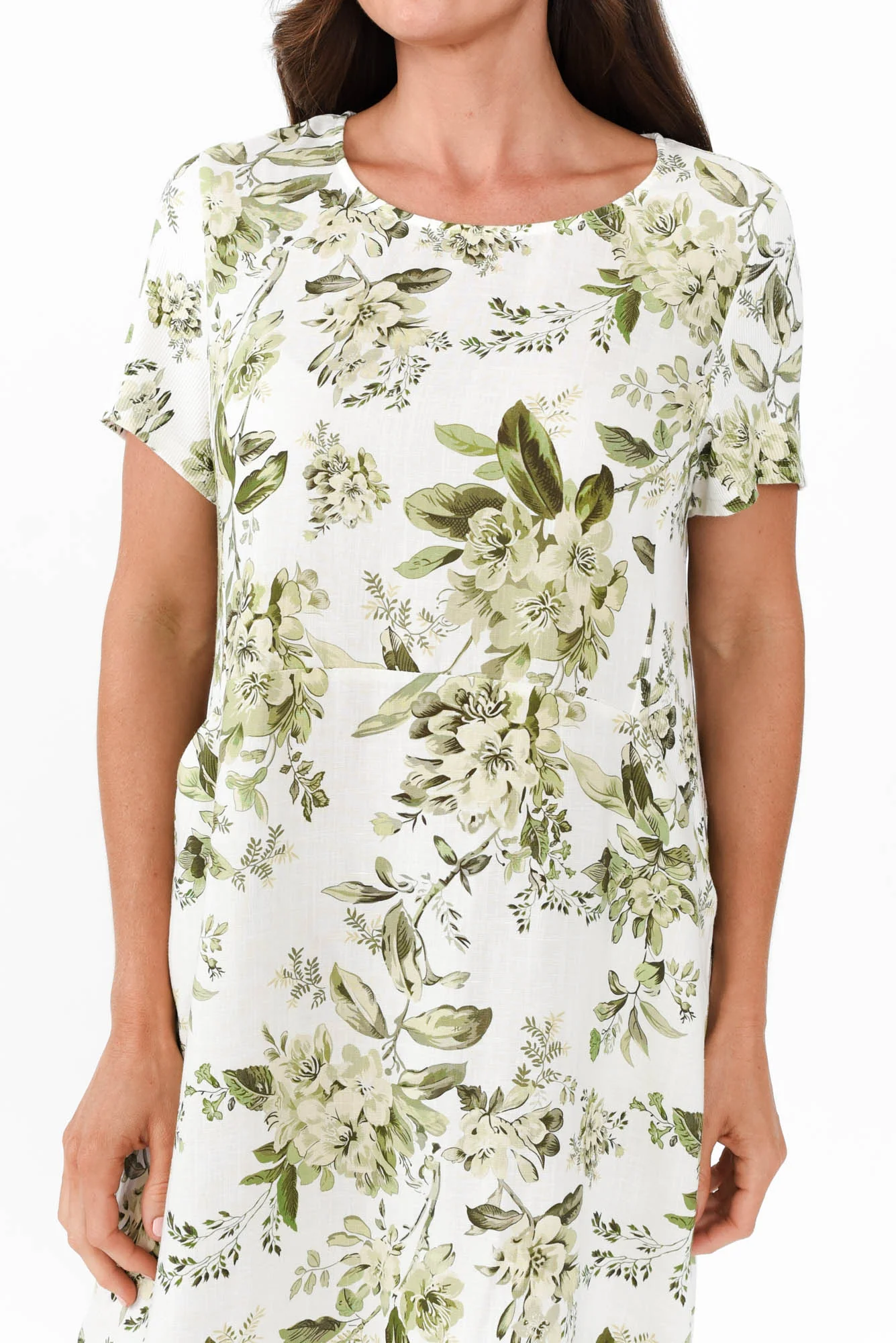 Evalina Green Floral Linen Blend Dress