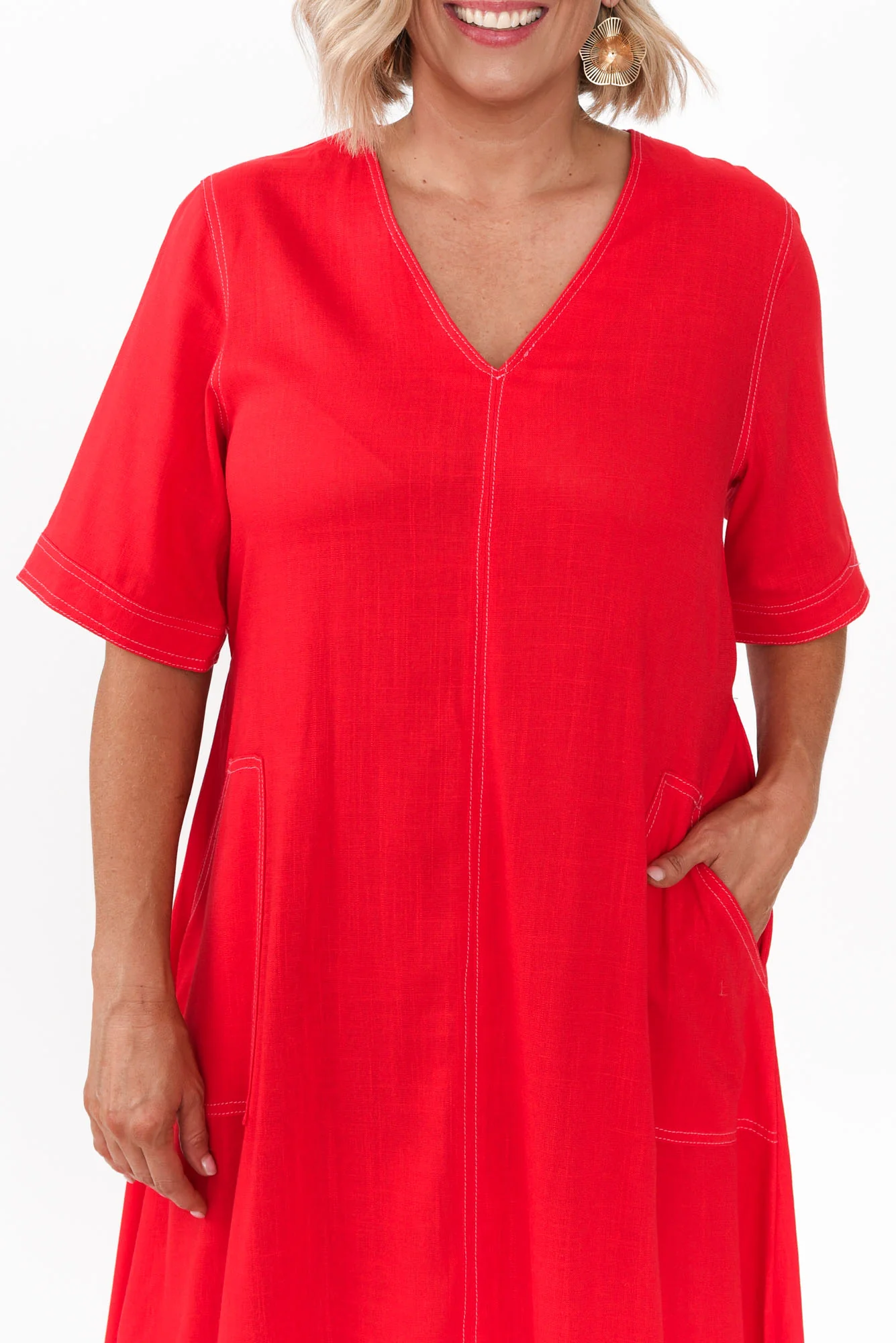 Navarra Red Contrast Linen Blend Dress