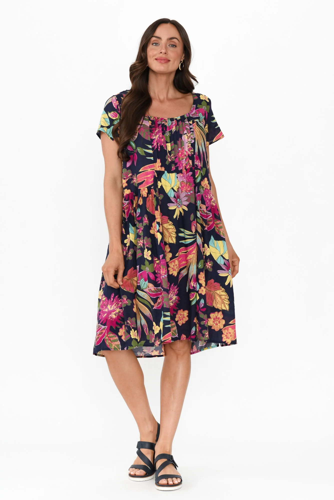 Hanoi Navy Bloom Cotton Blend Dress